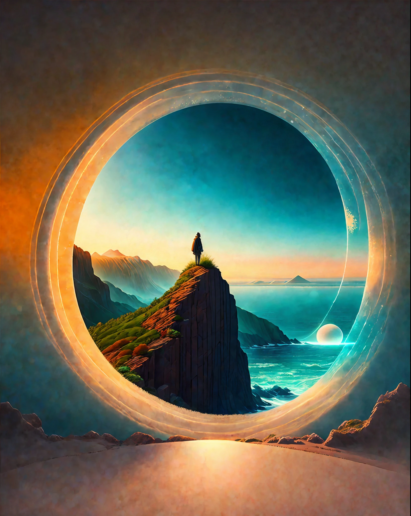 Craft a mesmerizing scene that deeply connects with the viewer, evoking a range of emotions and leaving an indelible impact without relying on words. Use a vibrant and contrasting color palette to intensify the visual impact. Depict a solitary figure standing at the edge of a breathtaking cliff, overlooking a vast and awe-inspiring landscape. Let the figure's posture and facial expression convey a mixture of awe, contemplation, and a hint of melancholy. Surround the scene with elements of nature, such as swirling clouds, distant mountains, or a cascading waterfall, to enhance the immersive experience. Infuse the atmosphere with a touch of magic or mystery, perhaps through subtle glowing orbs or ethereal light. Allow the composition and details of the scene to captivate the viewer and invite them on an emotional journey that lingers in their thoughts long after they've seen the artwork., intricate, masterpiece, expert, insanely detailed, 4k, composition, centered, intricate, volumetric lighting, beautiful, sharp focus, ultra detailed