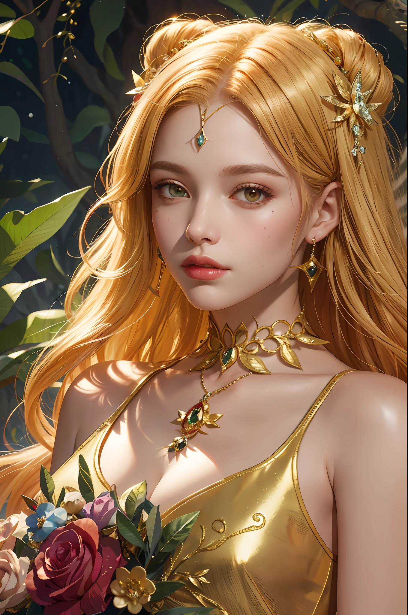 A woman with gold hair and diamonds and Ruby in her hair, beautiful fantastic art portrait, realistic portrait of a fairy, beautiful fantastic portrait