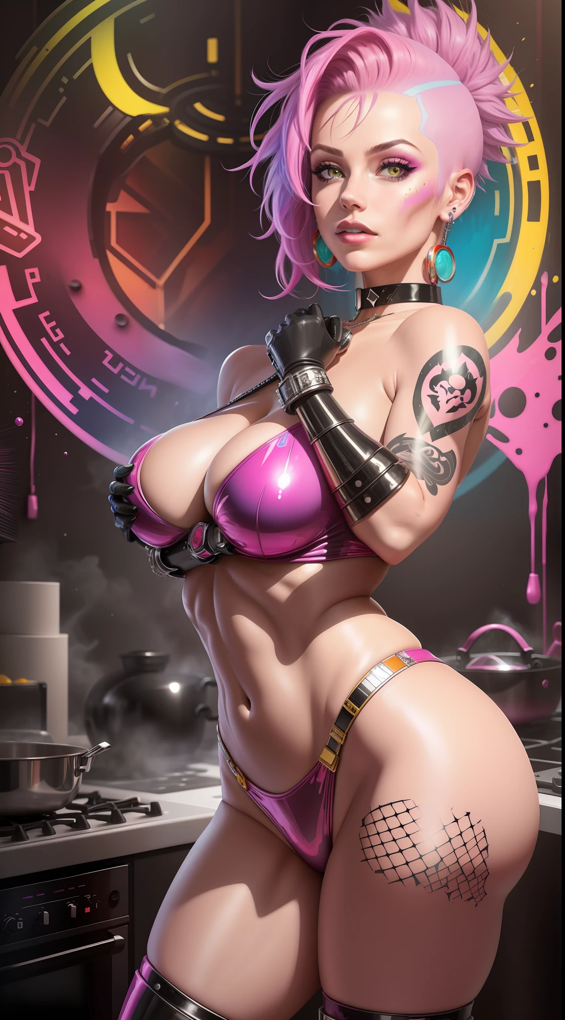 photo of woman, sexy, large breasts, punk, pink hair, one side shaved head, ([Britney Spears|Ashley Greene|Amber Heard]:0.85), [stanleylau style|uodenim style], armor suit, hips, sensual, shinny skin, oily skin, tattoos, close up, face focus, detailed face, lips, choker, jewelry, [(colorful explosion psychedelic paint colors:1.21)::0.2], kitchen, masterpiece, best quality, rainbow colors, colorful, high contrast,