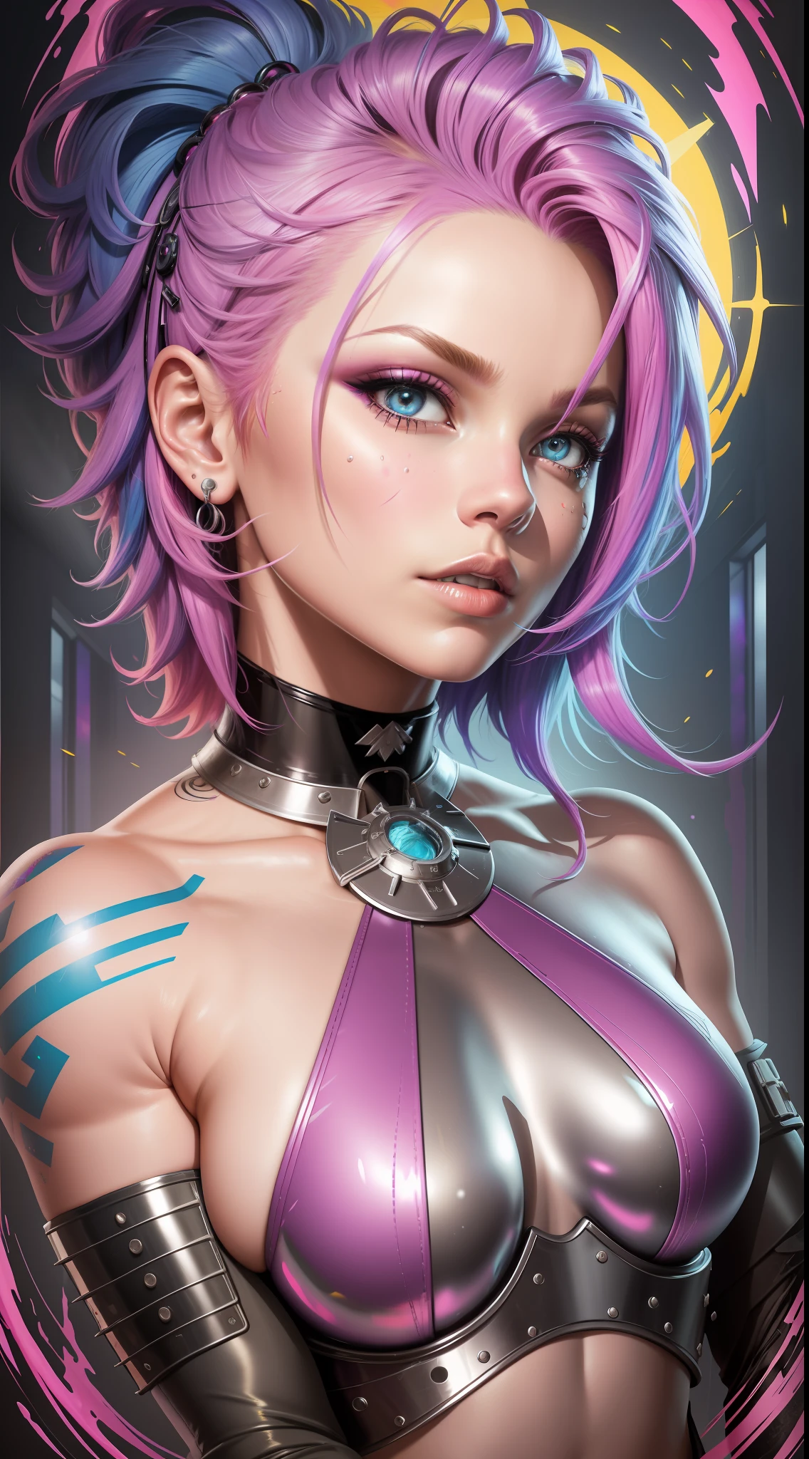 photo of woman, sexy, large breasts, punk, pink hair, one side shaved head, ([Britney Spears|Ashley Greene|Amber Heard]:0.85), [stanleylau style|uodenim style], armor suit, hips, sensual, shinny skin, oily skin, tattoos, close up, face focus, detailed face, lips, choker, jewelry, [(colorful explosion psychedelic paint colors:1.21)::0.2], kitchen, masterpiece, best quality, rainbow colors, colorful, high contrast,