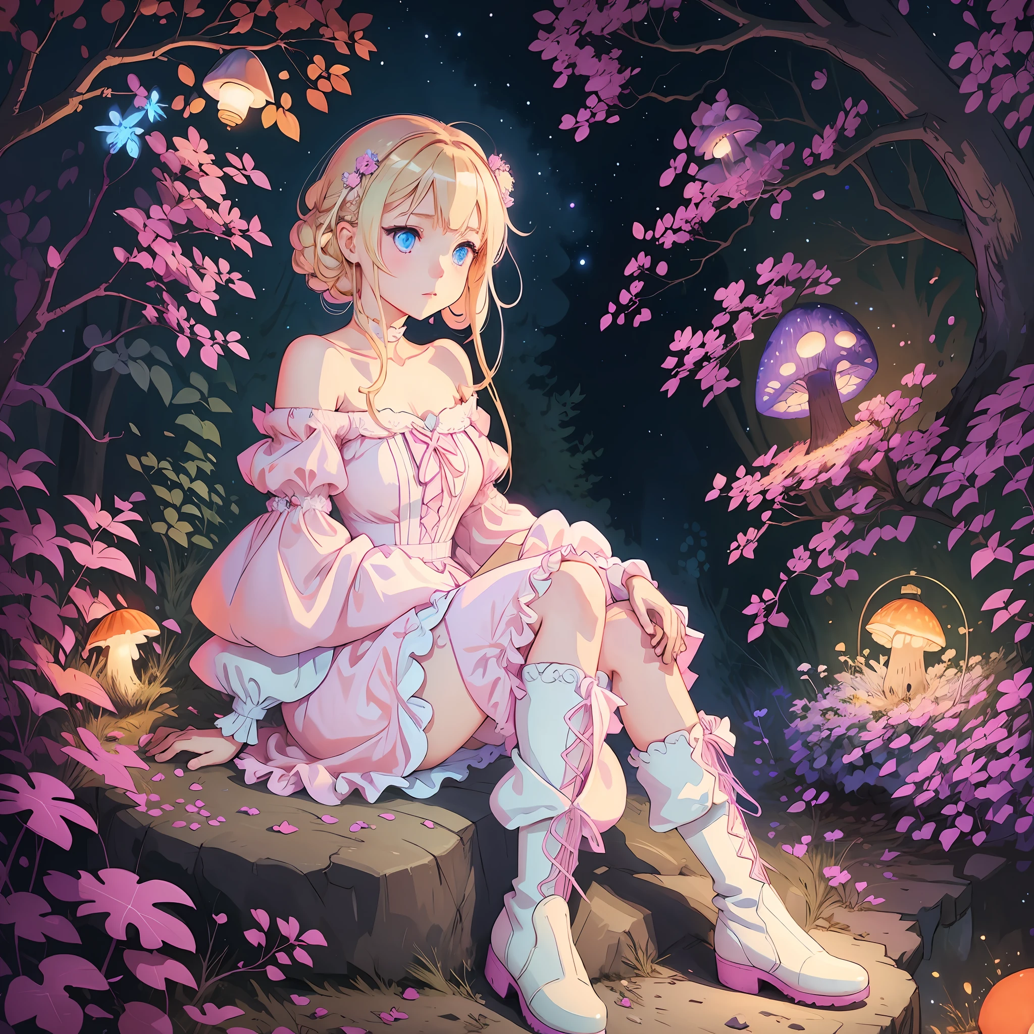Light blonde haired anime girl with pale blue purple eyes wearing pink off shoulder puffy sleeves dress and knee length white boots sitting in the woods next to an orange mushroom surrounded by fireflies under starry sky sitting --auto --s2