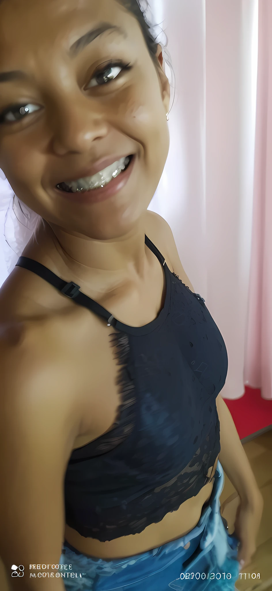 smiling woman with braces and black bra top in front of a window, she is smiling and excited, wearing bra, naughty smile, she is smiling, big smile on her face, with a seductive smile, close up half body shot, wearing shiny breastplate, up close picture, she is smiling and happy, she expressing joy, wearing intricate black choker