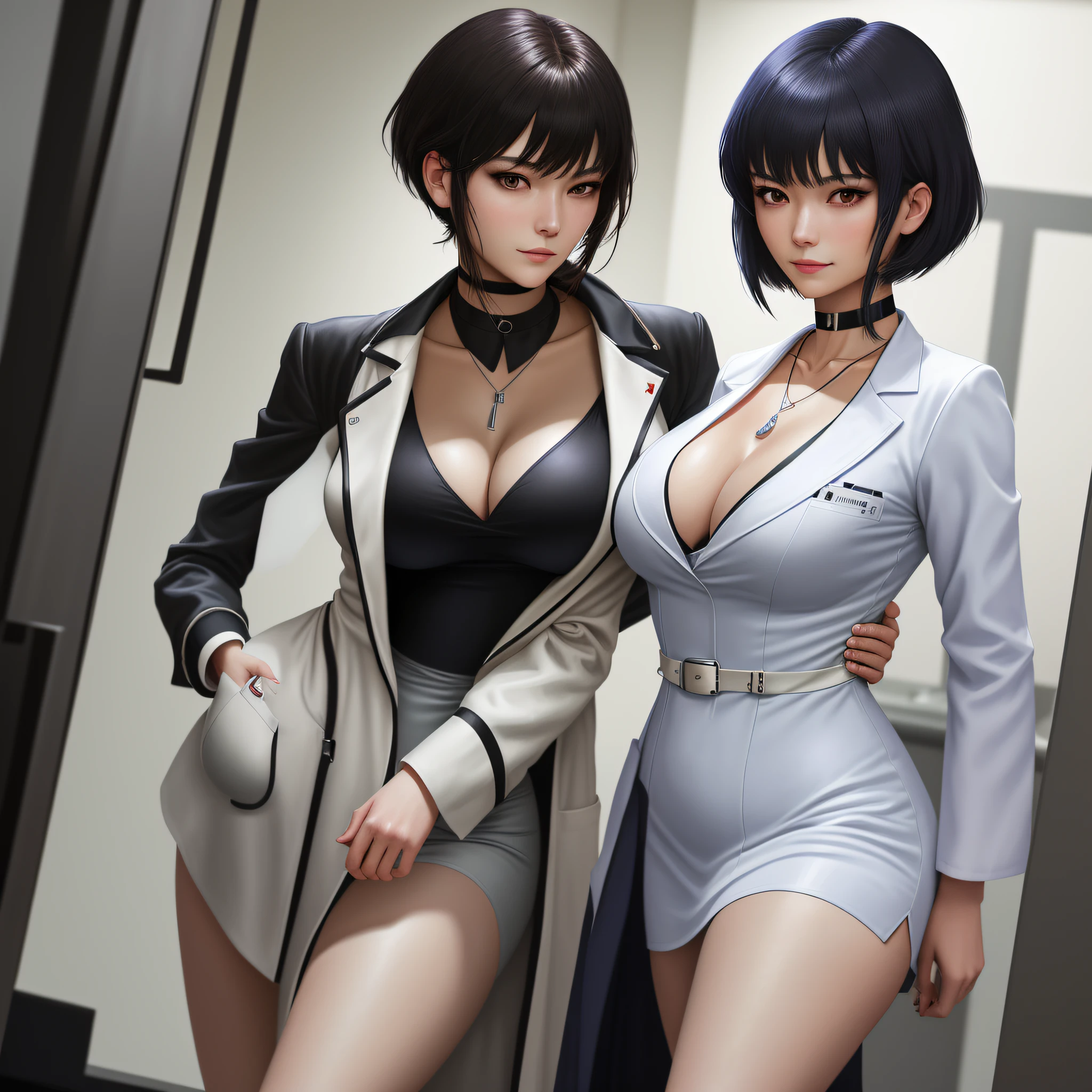 masterpiece, hot shot, ((best quality)), absurdres, perfect antomy, Tae Takemi, (Small smile), necklace, choker, dress, (Big breasts:1.3), braless, defined abdomen, labcoat, standing, doctor office background, sexy pose