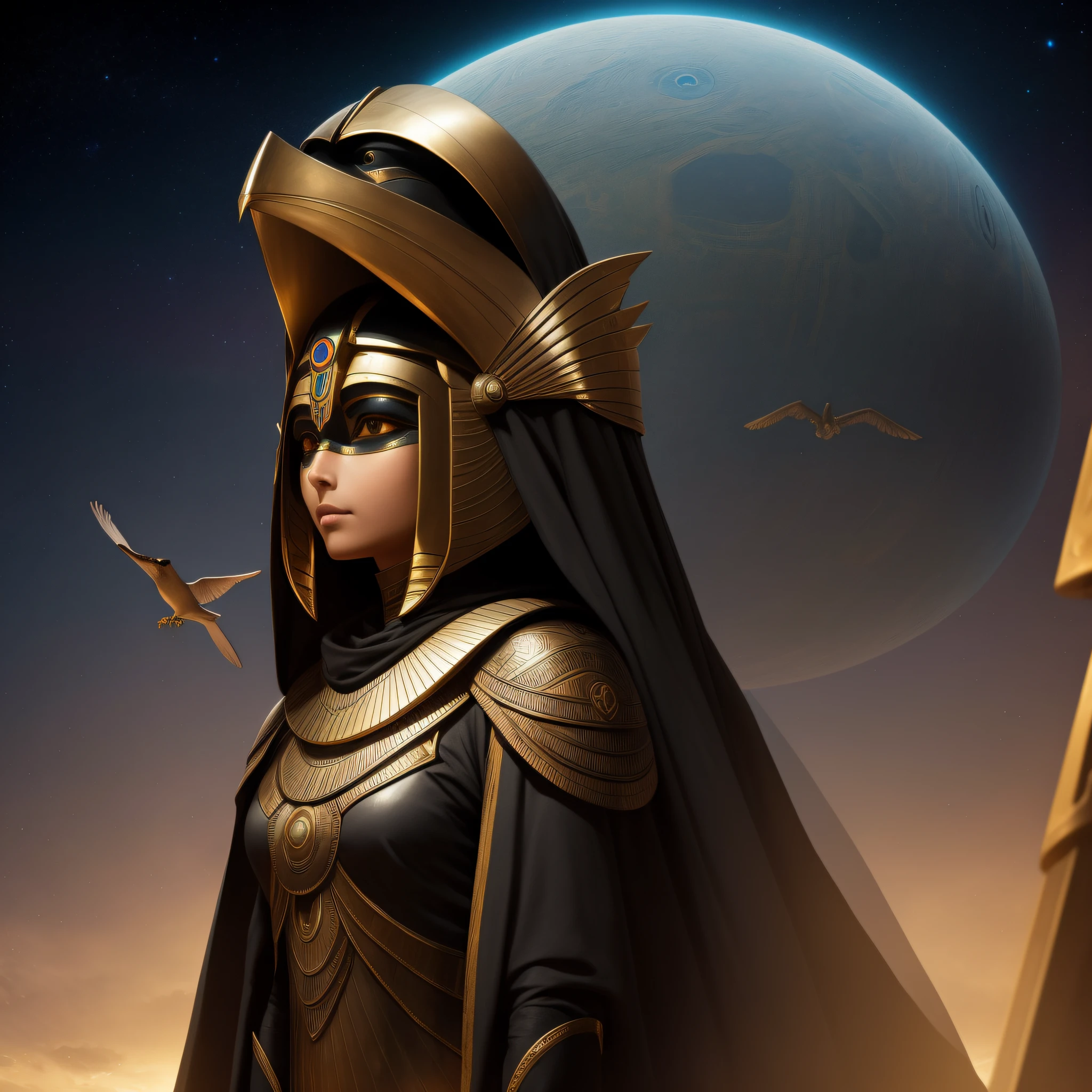 1girl, mature, horus, real makeup, futuristic egypt, bird head helmet, cloak, shiny armor, full body
  ground, dark space, dim light 
 muted color, realistic 
photorealistic
Edward S. Curtis
  depth of field 
 (masterpiece, best quality: 1.3),
 Stargate