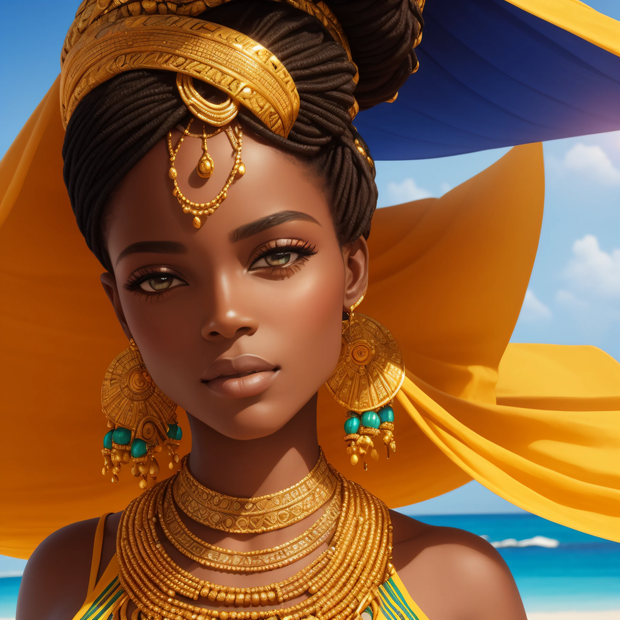 fking_scifi, fking_scifi_v2, portrait of a young very beautiful African woman, in front of a beach, rich colorful clothes, turban and golden african jewelry, close up, regal pose and attitude. fking_cinema_v2. fking_cinema_v2