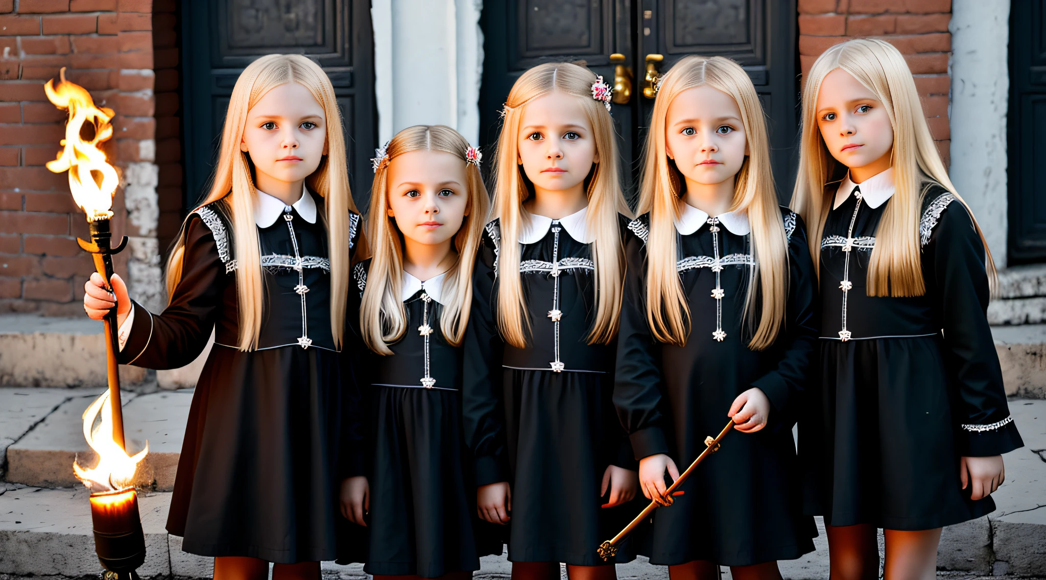 3 girls Russian with 10 yearsONG STRAIGHT HAIR blondes, PORTRAIT STYLE, image of a group of GIRLS holding torches in front of a building, Promotional publicity photo, Heavy Rock Band Promo Photo, photo shoot.