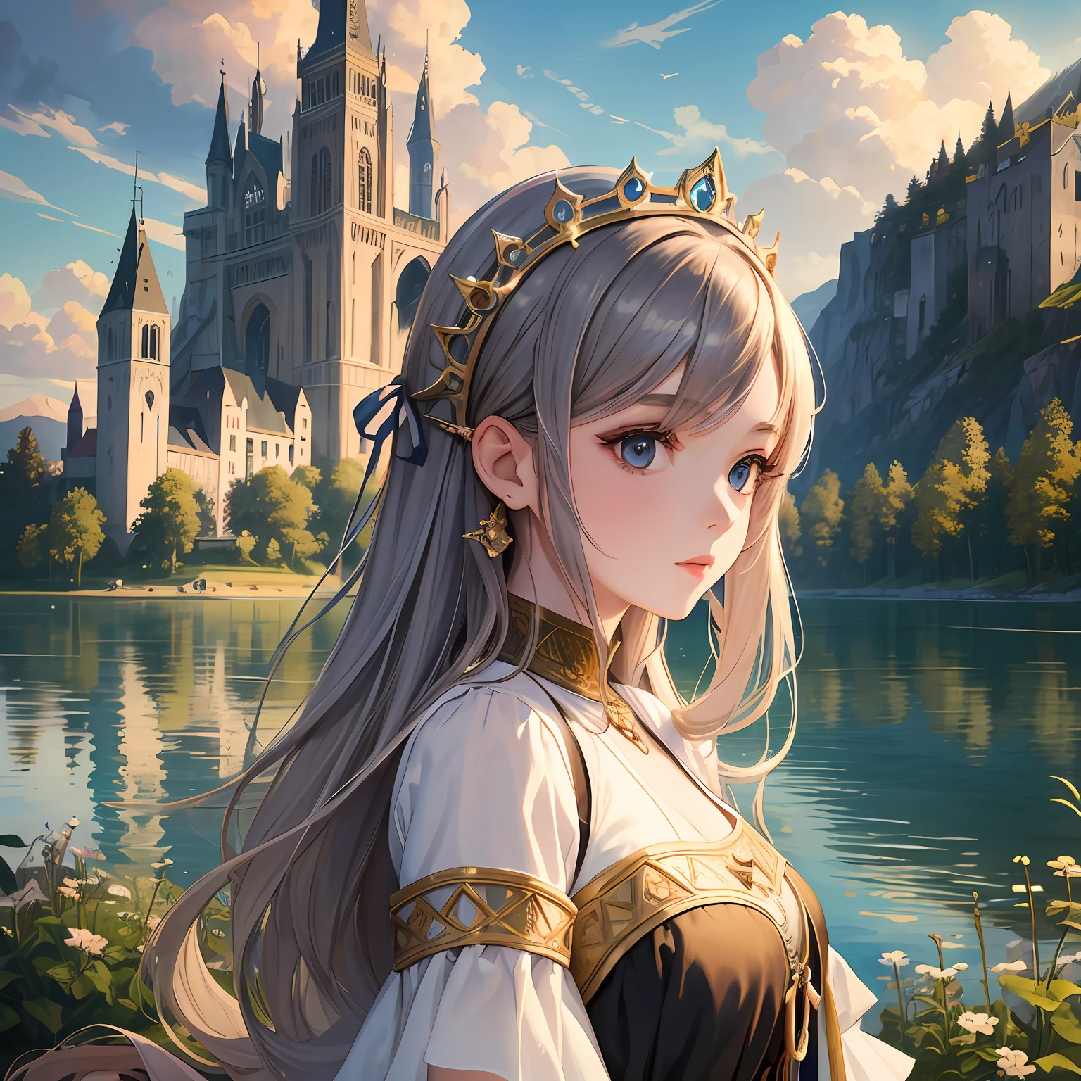 (artwork), (masterpiece), (best quality), (best image), (best artist), (best graphic quality), (1girl), wearing beautiful medieval dress, amazing scenery background of beautiful lake, linear light indirect indirect cinematic, (portrait:1.1)