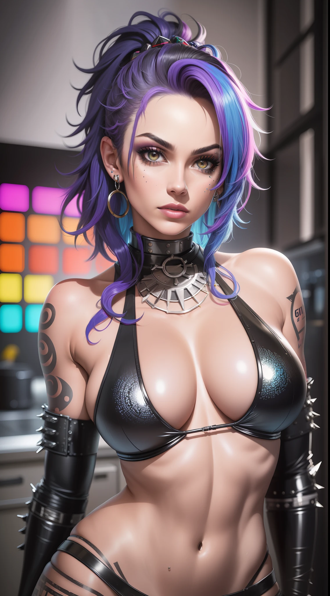 photo of woman, sexy, large breasts, punk, black hair, one side shaved head, ([Britney Spears|Ashley Greene|Amber Heard]:0.85), [stanleylau style|uodenim style], armor suit, hips, sensual, shinny skin, oily skin, tattoos, close up, face focus, detailed face, lips, choker, jewelry, [(colorful explosion psychedelic paint colors:1.21)::0.2], kitchen, masterpiece, best quality, rainbow colors, colorful, high contrast,
