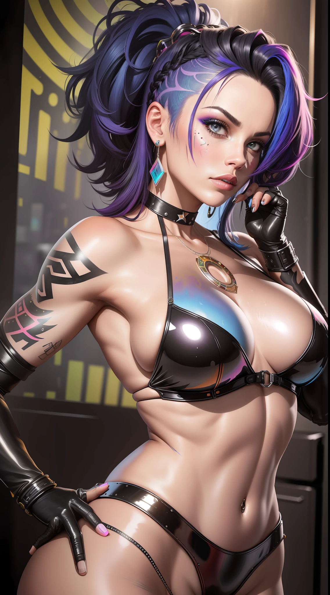 photo of woman, sexy, large breasts, punk, black hair, one side shaved head, ([Britney Spears|Ashley Greene|Amber Heard]:0.85), [stanleylau style|uodenim style], armor suit, hips, sensual, shinny skin, oily skin, tattoos, close up, face focus, detailed face, lips, choker, jewelry, [(colorful explosion psychedelic paint colors:1.21)::0.2], kitchen, masterpiece, best quality, rainbow colors, colorful, high contrast,