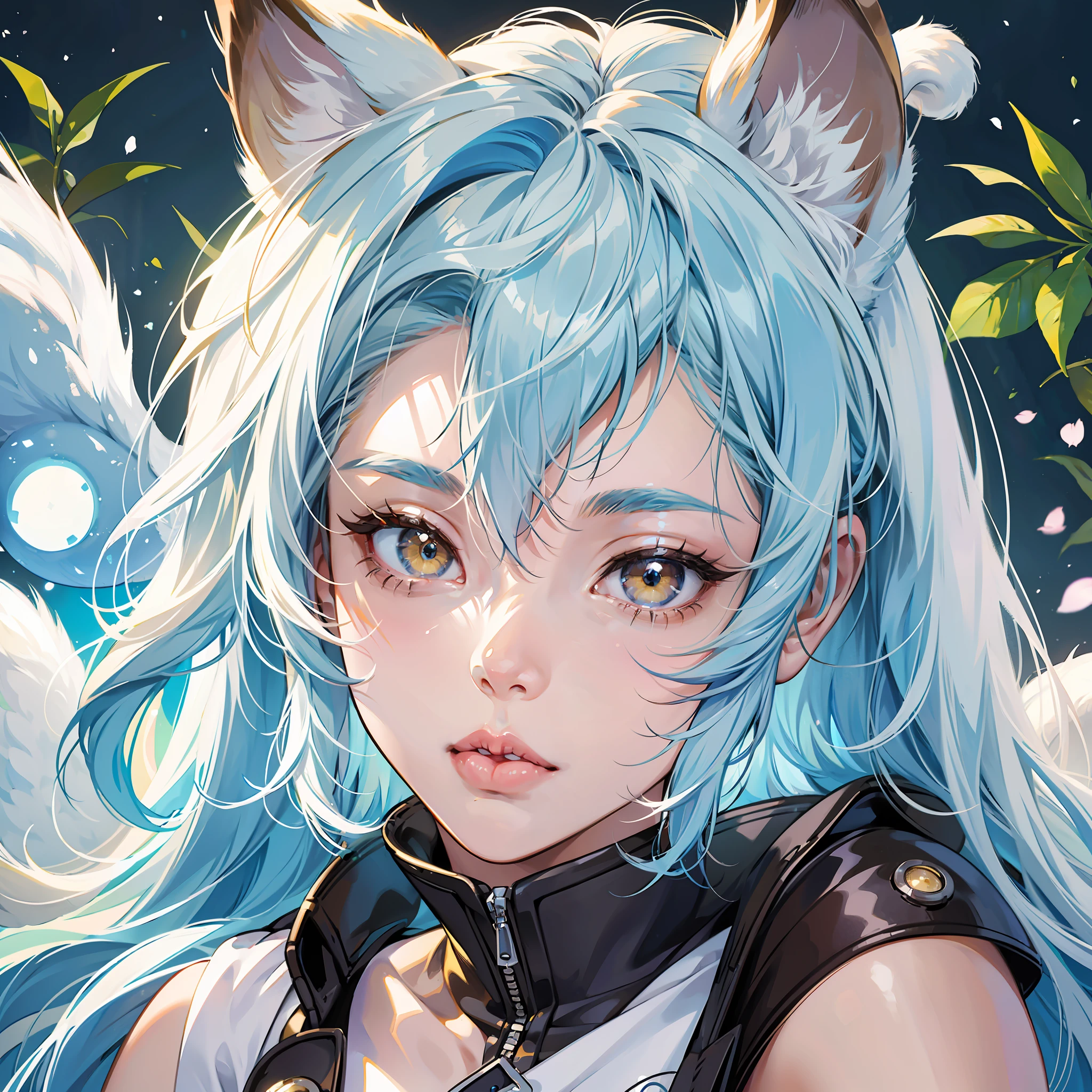 1 girl, electric squirrel girl, white and light blue hair, yellow circles on cheeks, white and blue squirrel, fluffy blue ears, fluffy white squirrel tail, mature girl, ((brown eyes eyes)), ((full lips)), (high detailed), beautiful, amazing, high detailed eyes, high detailed face, perfect hands, masterpiece, best quality, looking at viewer, detailed eyes, Pachirisu --auto --s2