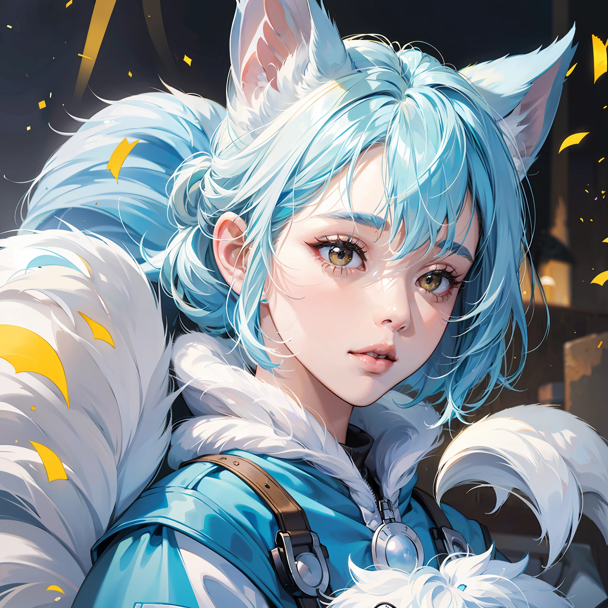 1 girl, electric squirrel girl, white and light blue hair, yellow circles on cheeks, white and blue squirrel, fluffy blue ears, fluffy white squirrel tail, mature girl, ((brown eyes eyes)), ((full lips)), (high detailed), beautiful, amazing, high detailed eyes, high detailed face, perfect hands, masterpiece, best quality, looking at viewer, detailed eyes, Pachirisu --auto --s2