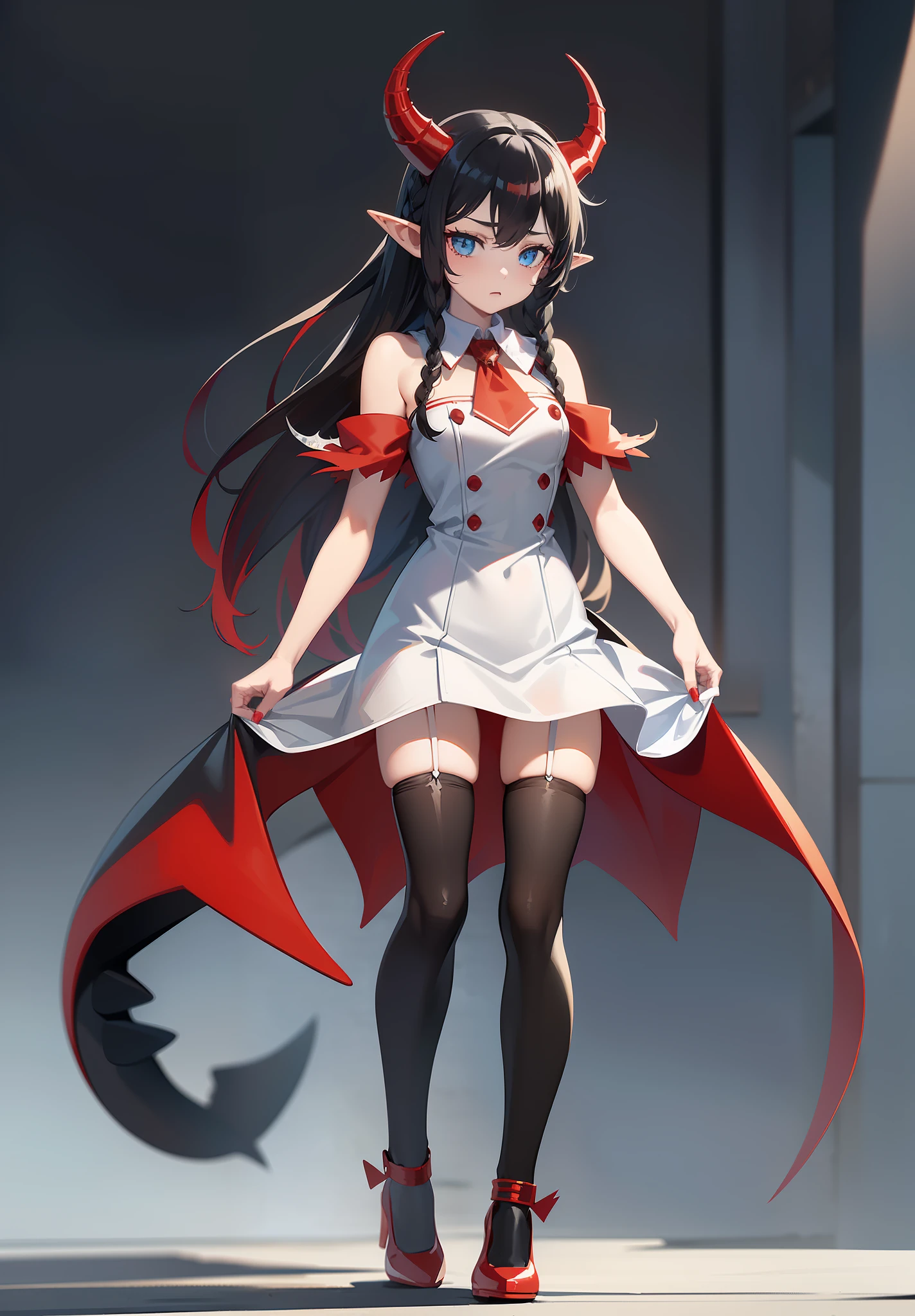 (cute, energetic, standing, full body standing painting), (shark decoration, white background), (demon double horn: 1.2, elf ears, black hair, blue eyes), (twisted braid: 1.1, red fur coat, white stockings, small leather shoes), (high resolution), (beautiful white dress), (red hairpin at the top right), medium shot