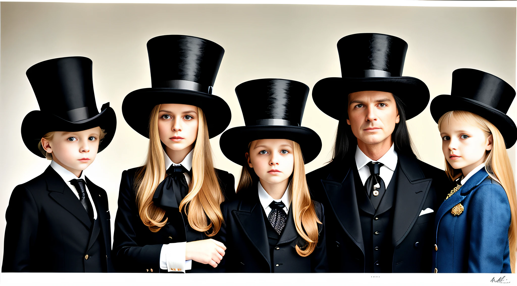 3 girls Russian children with 10 years old, WITH LONG STRAIGHT HAIR blonde, PORTRAIT STYLE, hat and jacket, Jean DeVille, is wearing a top hat, is wearing a hat, Fedora, tilting his Fedora, Rankin, top hat, Michel Ocelot, promotional image, Mario Testino, promotional photo, profile picture, wearing a top hat, masterpiece, guilt!, with hat, black stetson and coat