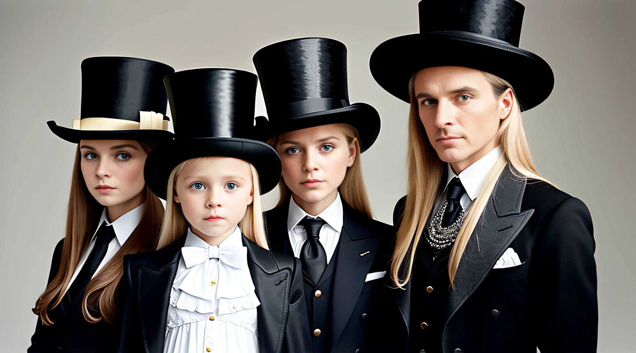 3 girls Russian children with , WITH LONG STRAIGHT HAIR blonde, PORTRAIT STYLE, hat and jacket, Jean DeVille, is wearing a top hat, is wearing a hat, Fedora, tilting his Fedora, Rankin, top hat, Michel Ocelot, promotional image, Mario Testino, promotional photo, profile picture, wearing a top hat, masterpiece, guilt!, with hat, black stetson and coat