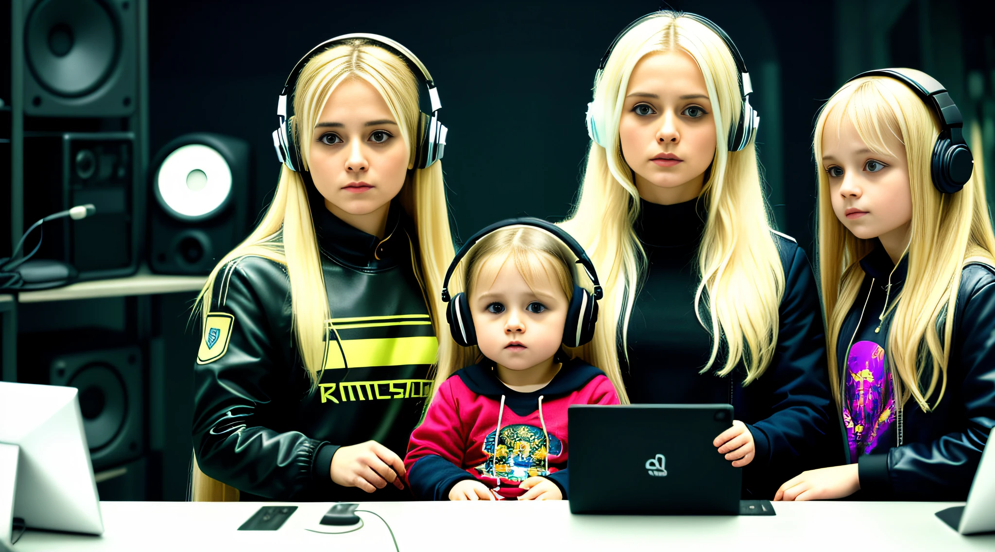 3 girls Russian children with , WITH LONG STRAIGHT HAIR blonde, PORTRAIT STYLE, in cyberpunk, Daniel Radcliffe, fan art, DJ Rave headphones, high quality wallpaper, high quality desktop wallpaper, profile picture 1024px, high quality fanart, with headphones, with headphones, it has headphones, desktop background, HQ Artwork, Jared Aura and wires, amazing wallpaper