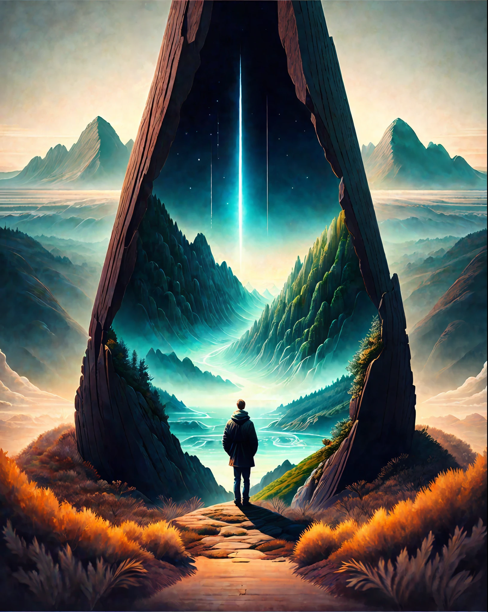 Craft a mesmerizing scene that deeply connects with the viewer, evoking a range of emotions and leaving an indelible impact without relying on words. Use a vibrant and contrasting color palette to intensify the visual impact. Depict a solitary figure standing at the edge of a breathtaking cliff, overlooking a vast and awe-inspiring landscape. Let the figure's posture and facial expression convey a mixture of awe, contemplation, and a hint of melancholy. Surround the scene with elements of nature, such as swirling clouds, distant mountains, or a cascading waterfall, to enhance the immersive experience. Infuse the atmosphere with a touch of magic or mystery, perhaps through subtle glowing orbs or ethereal light. Allow the composition and details of the scene to captivate the viewer and invite them on an emotional journey that lingers in their thoughts long after they've seen the artwork., intricate, masterpiece, expert, insanely detailed, 4k, composition, centered, intricate, volumetric lighting, beautiful, sharp focus, ultra detailed