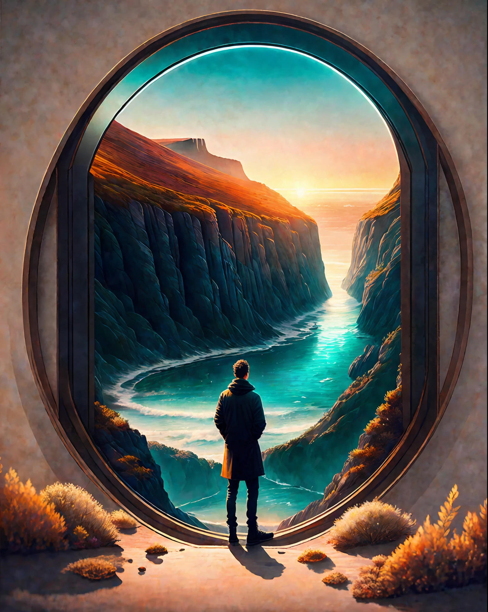 Craft a mesmerizing scene that deeply connects with the viewer, evoking a range of emotions and leaving an indelible impact without relying on words. Use a vibrant and contrasting color palette to intensify the visual impact. Depict a solitary figure standing at the edge of a breathtaking cliff, overlooking a vast and awe-inspiring landscape. Let the figure's posture and facial expression convey a mixture of awe, contemplation, and a hint of melancholy. Surround the scene with elements of nature, such as swirling clouds, distant mountains, or a cascading waterfall, to enhance the immersive experience. Infuse the atmosphere with a touch of magic or mystery, perhaps through subtle glowing orbs or ethereal light. Allow the composition and details of the scene to captivate the viewer and invite them on an emotional journey that lingers in their thoughts long after they've seen the artwork., intricate, masterpiece, expert, insanely detailed, 4k, composition, centered, intricate, volumetric lighting, beautiful, sharp focus, ultra detailed