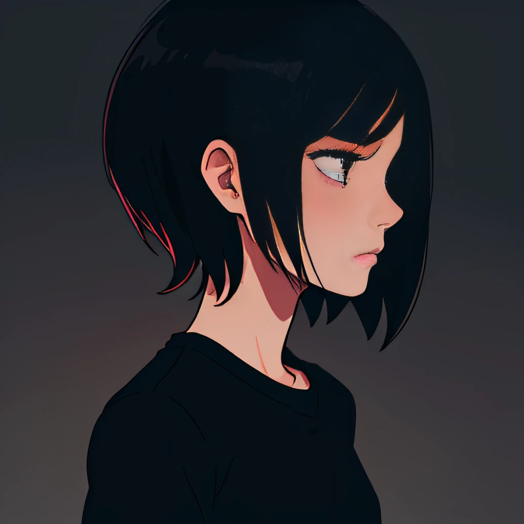 Beautiful girl, very detailed, clean, high-quality, sharp image, sad, depressed, cool colors, short hair, dark hair, black t-shirt, flat chest, close-up, profile picture, hopelessness, doom, sad atmosphere, simple background, good lighting, high quality