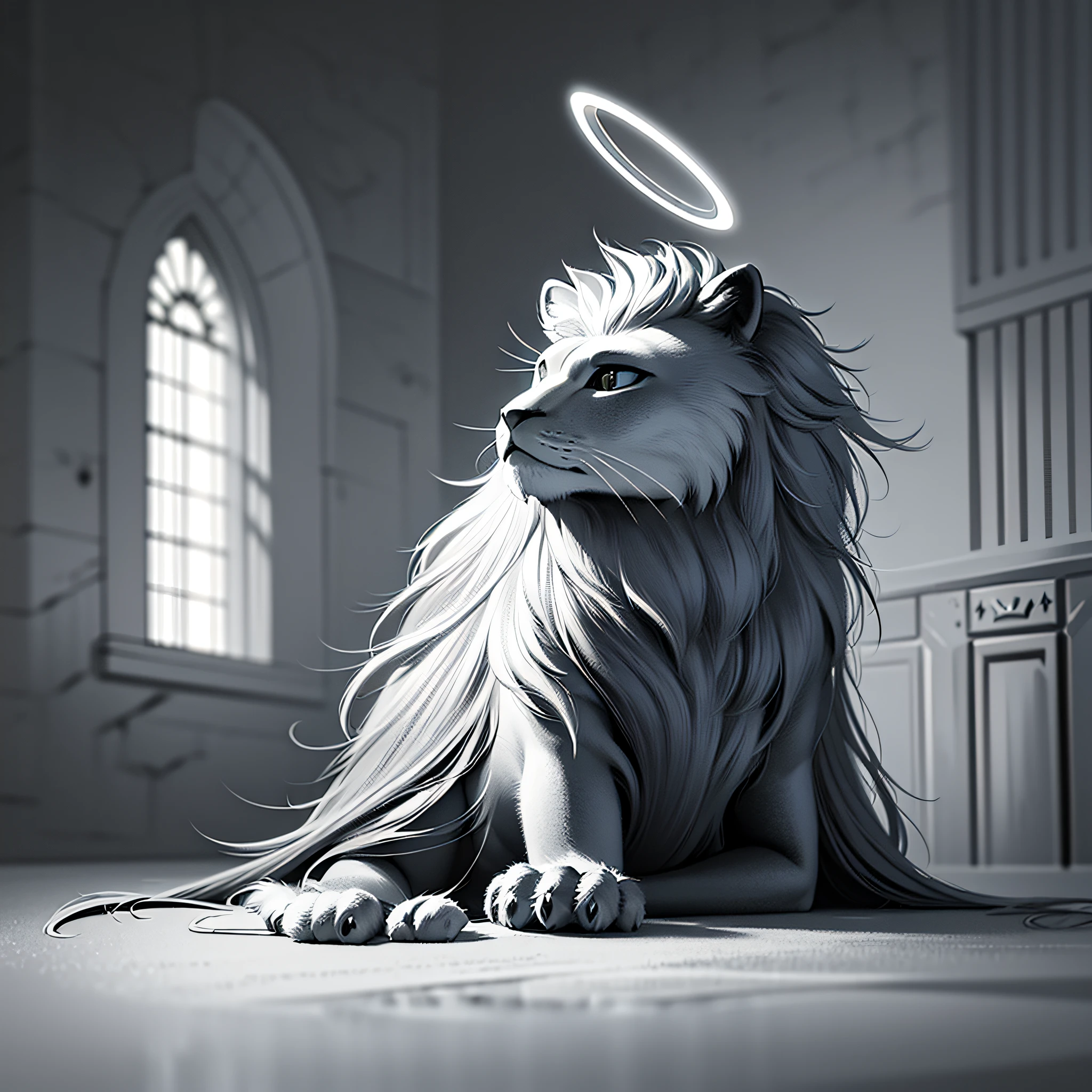 realistic lion, halo, celestial golden throne, 4k, realistic photo, national geography reference, MidJourney, Illustrate a monochrome world, convey depth, emotion and an impressive visual impact
