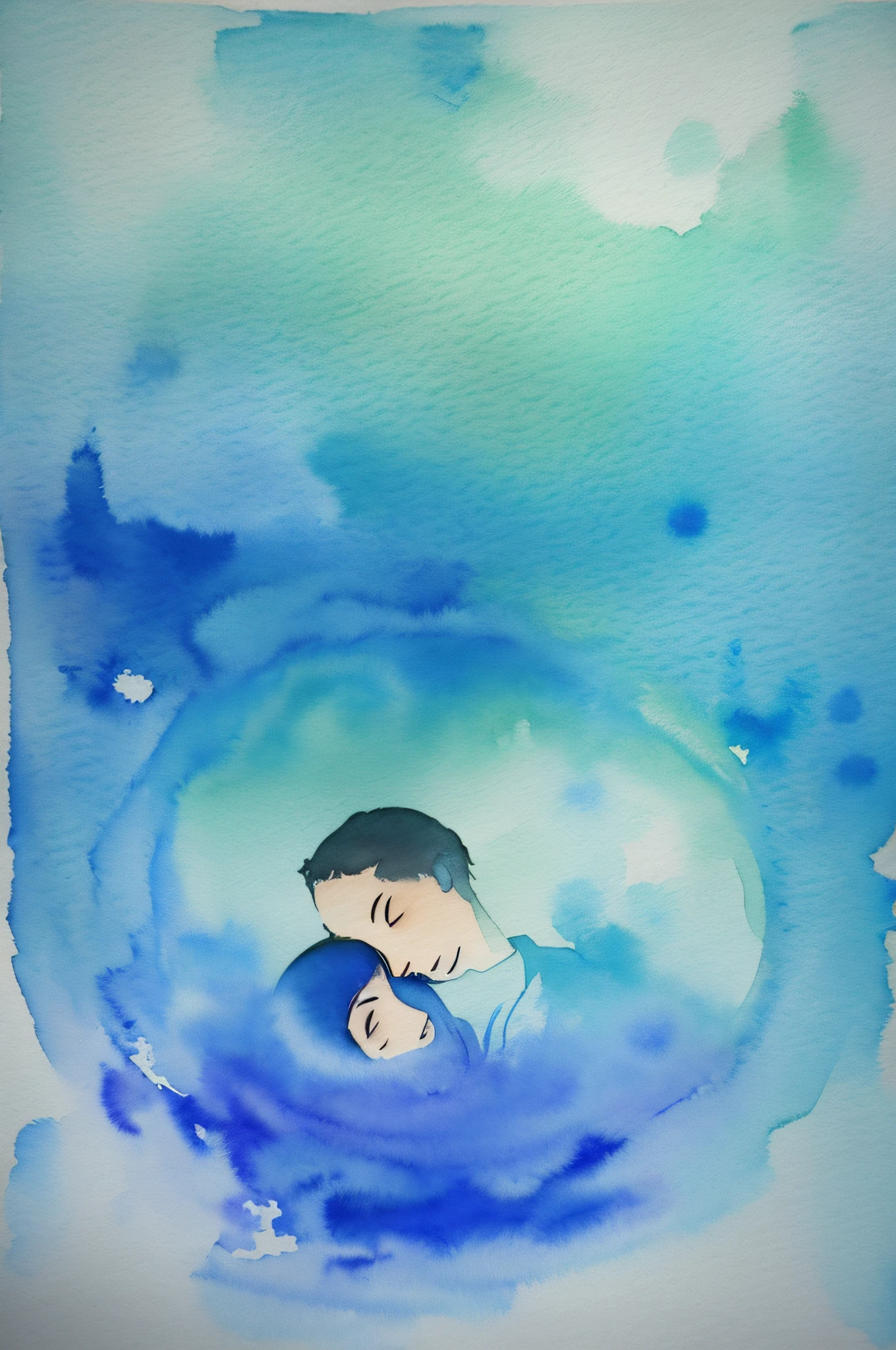 Children's watercolor painting style, underwater looking upward perspective, turbidity, silt, a little light, grainy, bluish, abstract embrace of two people floating --auto --s2