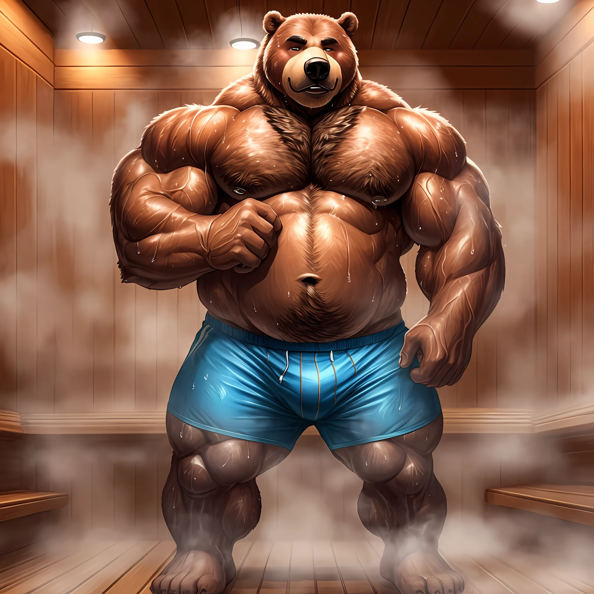 Giant anthro bear, very fat muscular, in a Sauna changing room, wearing tight boxers, very muscular arms and legs, determined look on his face, sweat soaked fur, sweat dripping on the floor, steaming hot, steamy body, veins showing on his muscles and belly