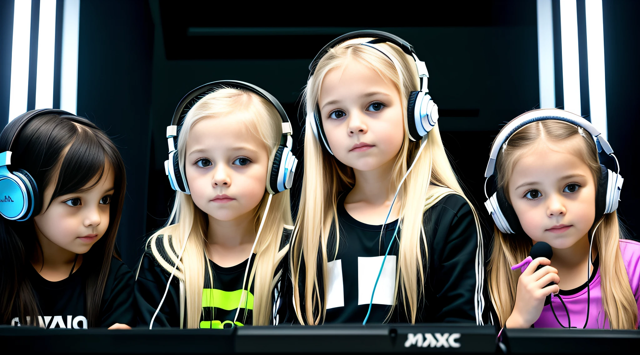 3 girls Russian children with 10 years old, WITH LONG STRAIGHT HAIR BLONDE, PORTRAIT STYLE, WITH HEADPHONES WHEN LOOKING UP SOMETHING, HEADPHONES ON, WITH HEADPHONES, LISTENING TO MUSIC, USING HEADPHONES, HE HAS HEADPHONES, DJ RAVE HEADPHONES, USING MODERN HEADSET, DJ,  listening to godly music, with headphones, headphones on your head, wearing black headphones, listening to music at 2 a.m., headphones, headphones, profile photography, trance music