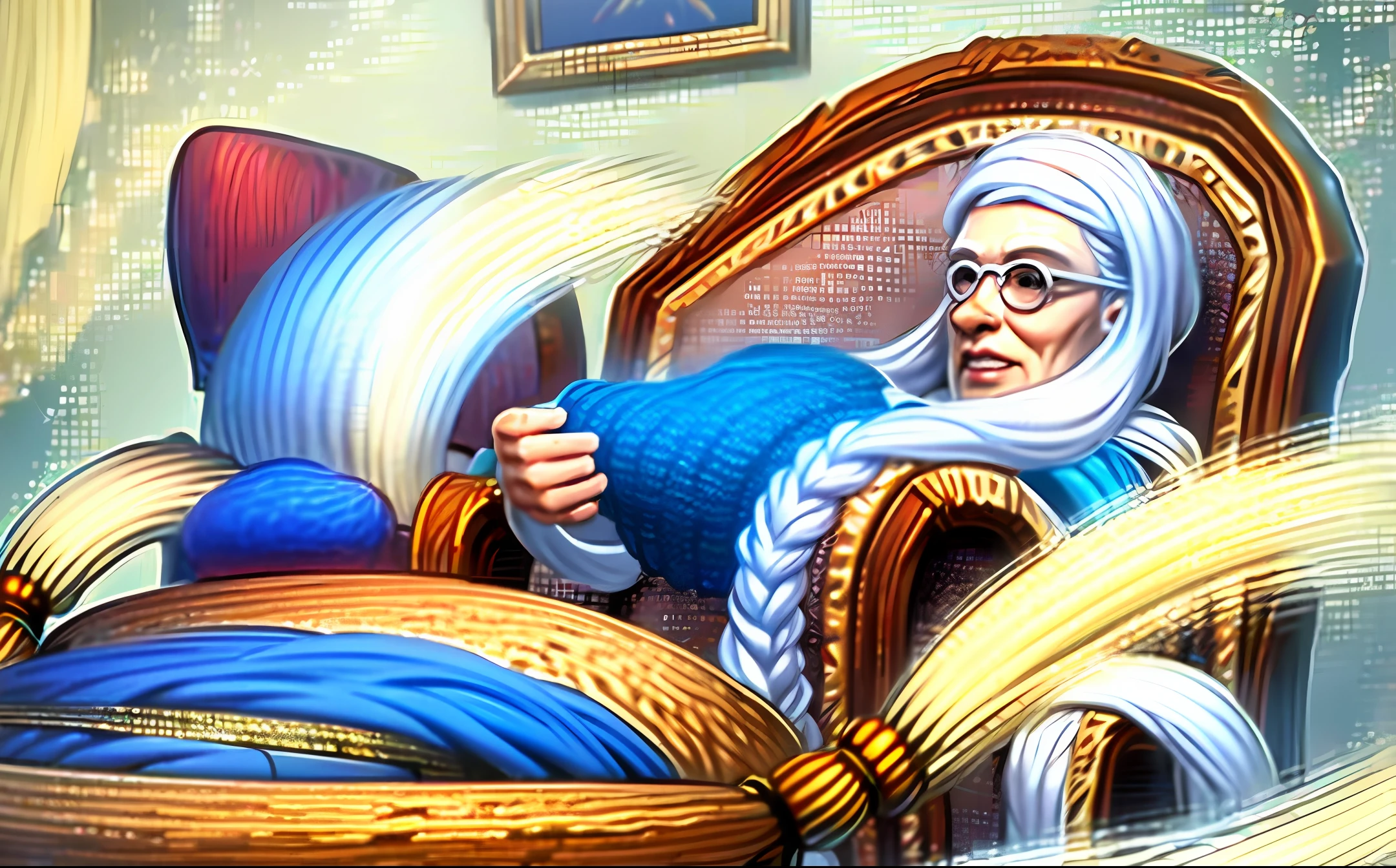 grandma with white hair sitting in an armchair in front of the fireplace knitting blankets and surrounded by spools of knitting thread