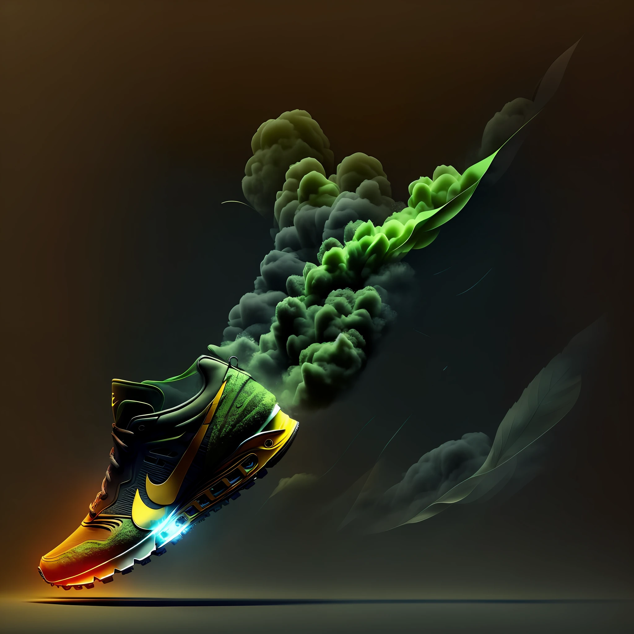 a pair of Nike sneakers. cinematic, ultra detailed, futuristic design with cannabis leaf logo, masterpiece; Behance HD, powerful explosions, smoke clouds,16k