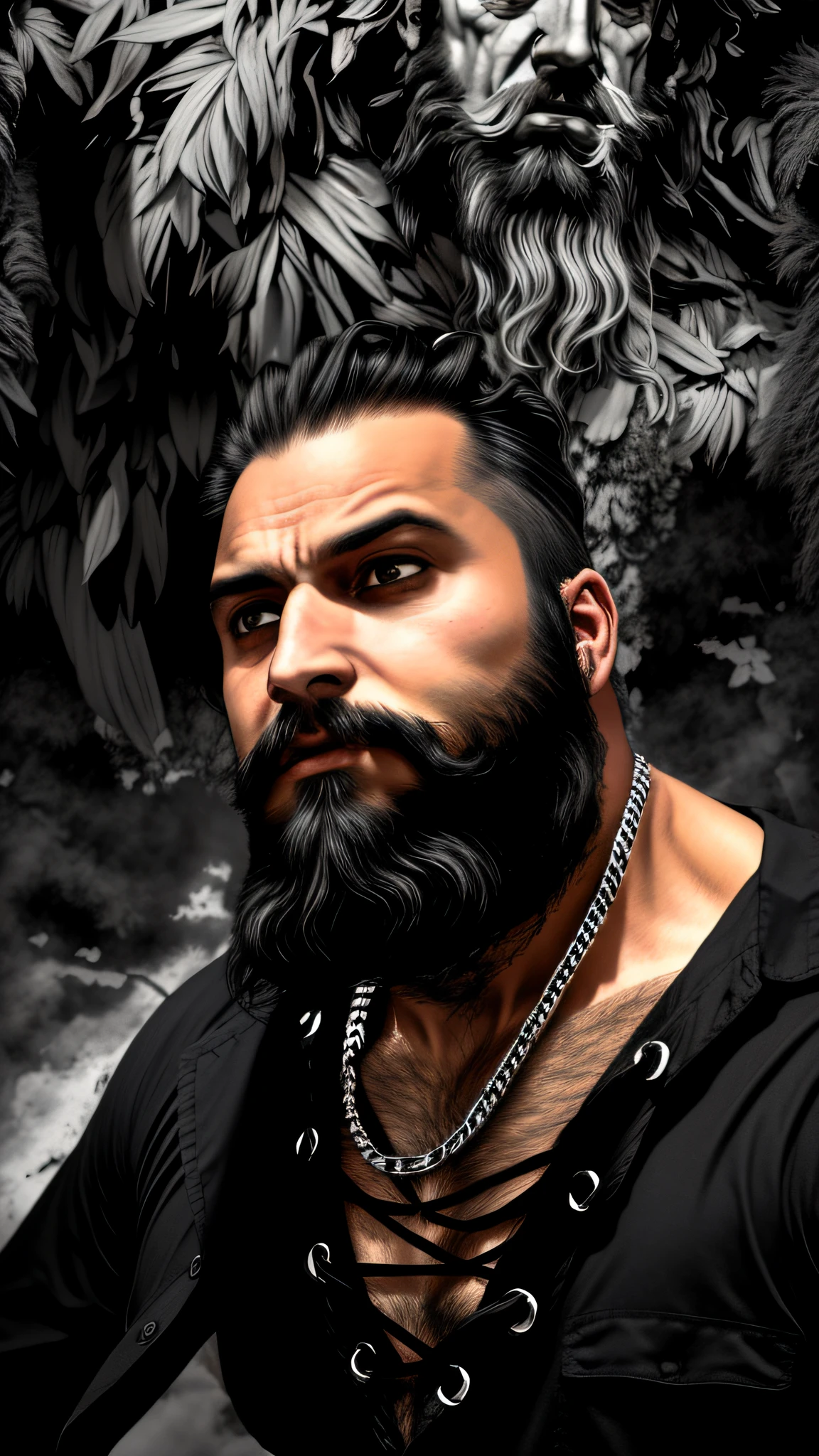 There is a man with a beard and chain around his neck, with a full black beard, thick black beard, perfl image, full silver beard, with black beard and shirt, thick beard, bearded man, about 35 years old, black curly beard