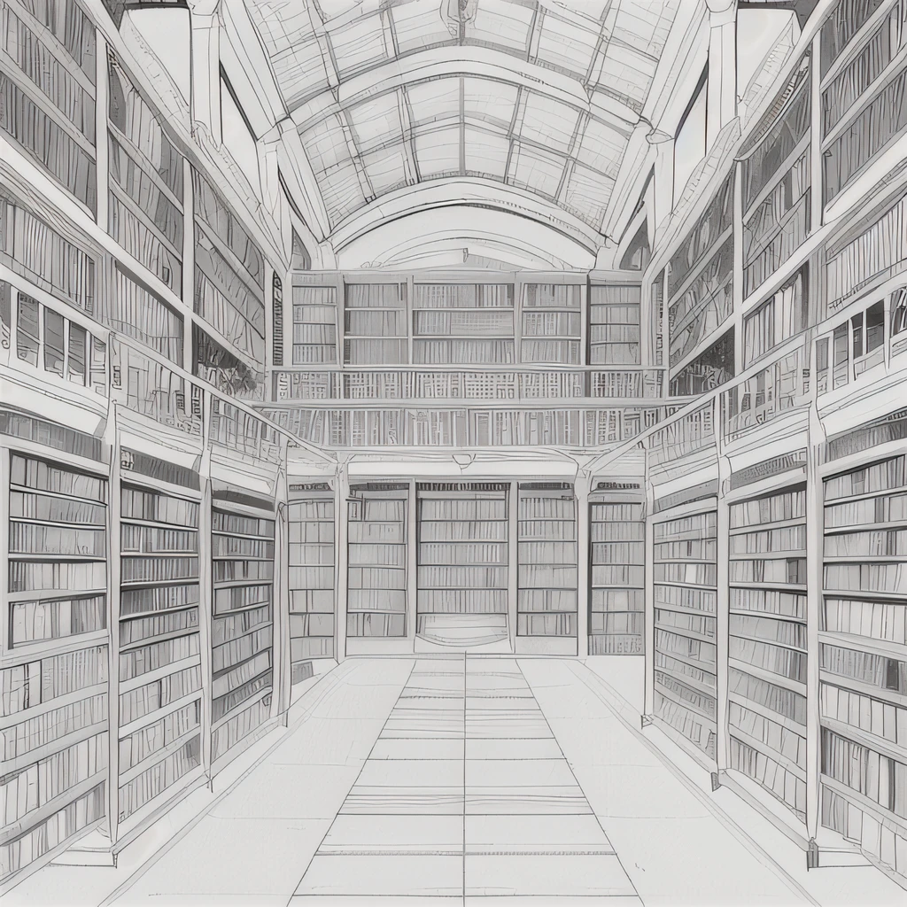 library, elf, hall, lineart, detailed