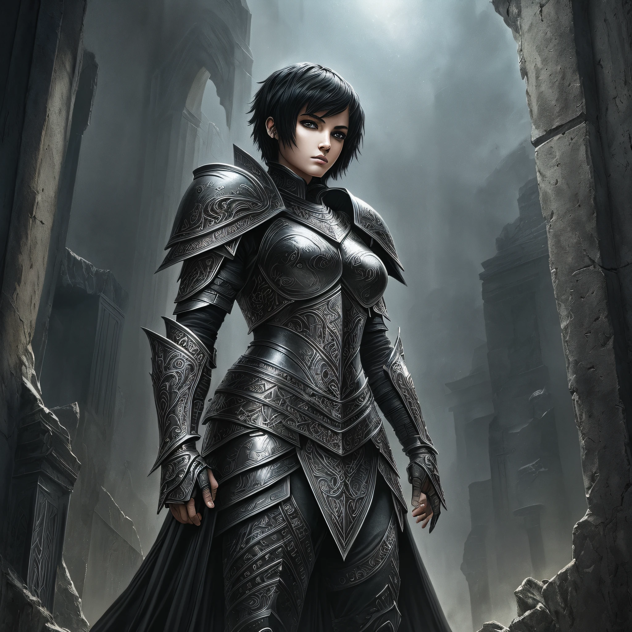 dark fantasy warrior in armor, in androgynous conceptual art style, black graffiti, monumental sets, crossed armor, christian warrior, joan of arc, woman with short black hair, intricate details, painting \(work of art\), ((masterpiece, best quality)), ((cinematic light)), dark fantasy \(style\), detailed armor, beautiful detailed eyes, hybrid