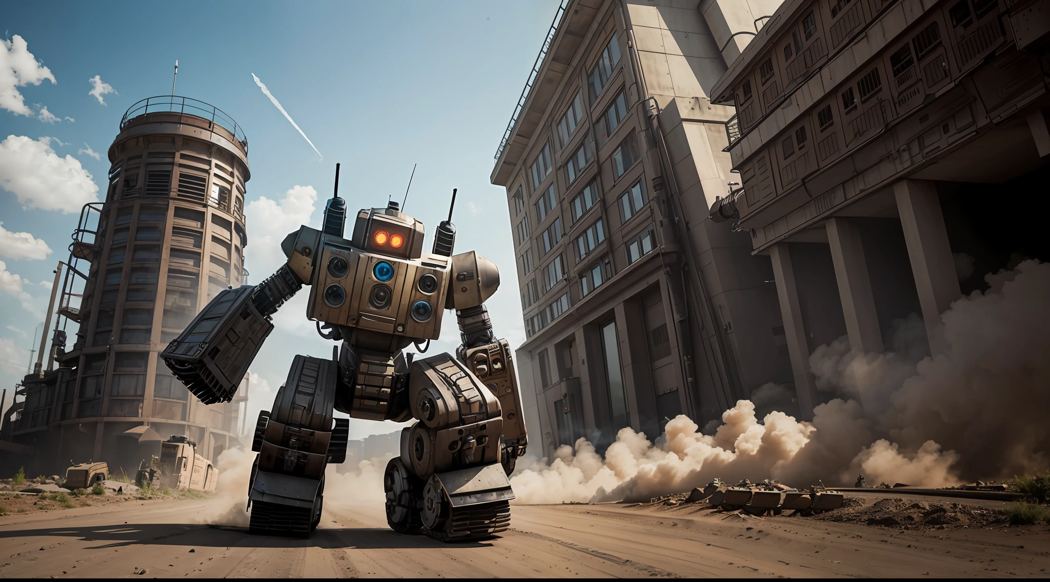 dieselpunk robot environmental wide angle shot, action shot, full body, vibrant, photorealistic, realistic, dramatic, dark, sharp focus, 8k
