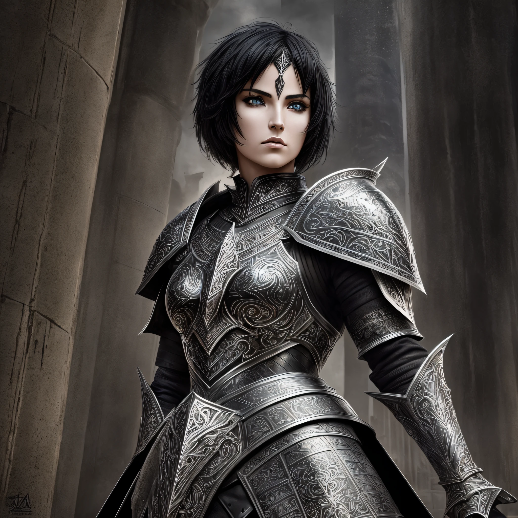 dark fantasy warrior in armor, in androgynous conceptual art style, black graffiti, monumental sets, crossed armor, christian warrior, joan of arc, woman with short black hair, intricate details, painting \(work of art\), ((masterpiece, best quality)), ((cinematic light)), dark fantasy \(style\), detailed armor, beautiful detailed eyes, hybrid