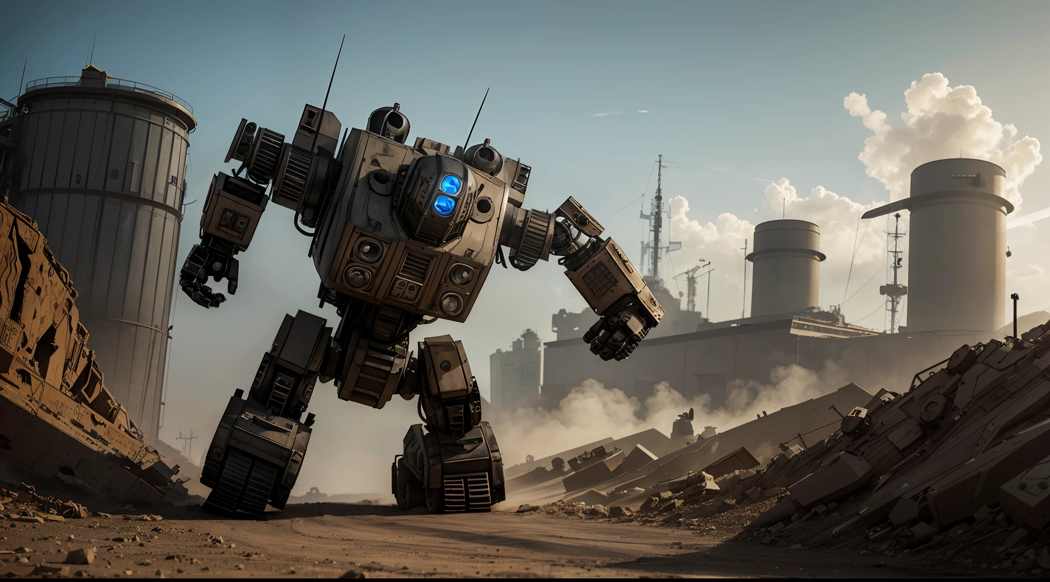 dieselpunk robot environmental wide angle shot, action shot, full body, vibrant, photorealistic, realistic, dramatic, dark, sharp focus, 8k