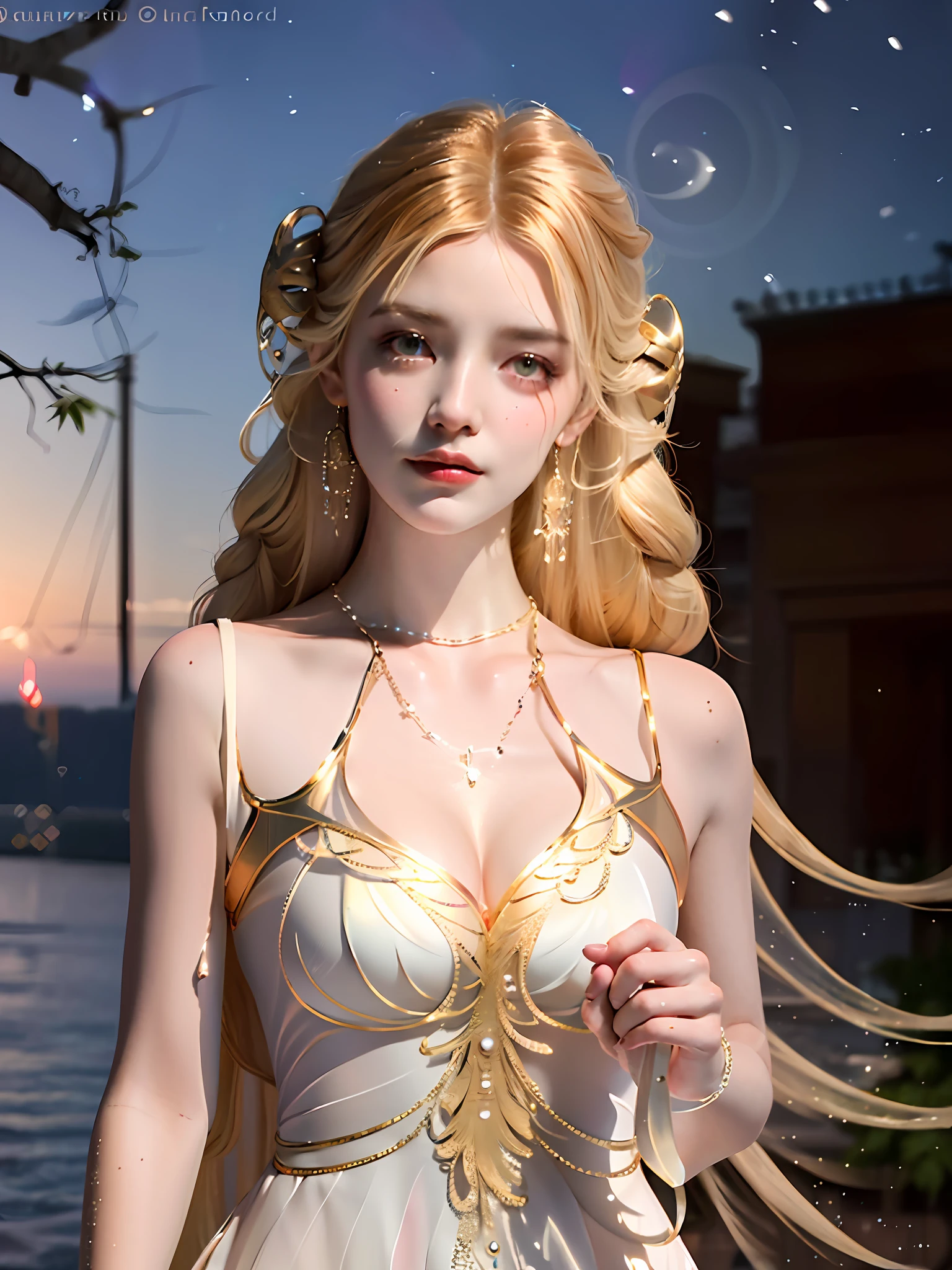 Full body photo, highest resolution, based on real physical rendering, professional lighting effects, casual pose, (extreme art), (masterpiece), 1girl, girl with long white dress, high detail, hollow waist, braids, charming expression, clear and beautiful eyes, green eyes, exquisite necklace, exquisite earrings, fairy ears, simple blurred background, extremely detailed description, beautiful and charming, ultra-fine painting, exquisite face, exquisite figure, exquisite collarbone, lovely lips, beautiful breasts, soft back, mix4,( 8k, RAW photo, best quality, masterpiece: 1.2), (fidelity, fidelity: 1.37), 1girl, beautiful, cityscape, night, rain, wet, professional lighting, photon mapping, radiosity, based on physical rendering,