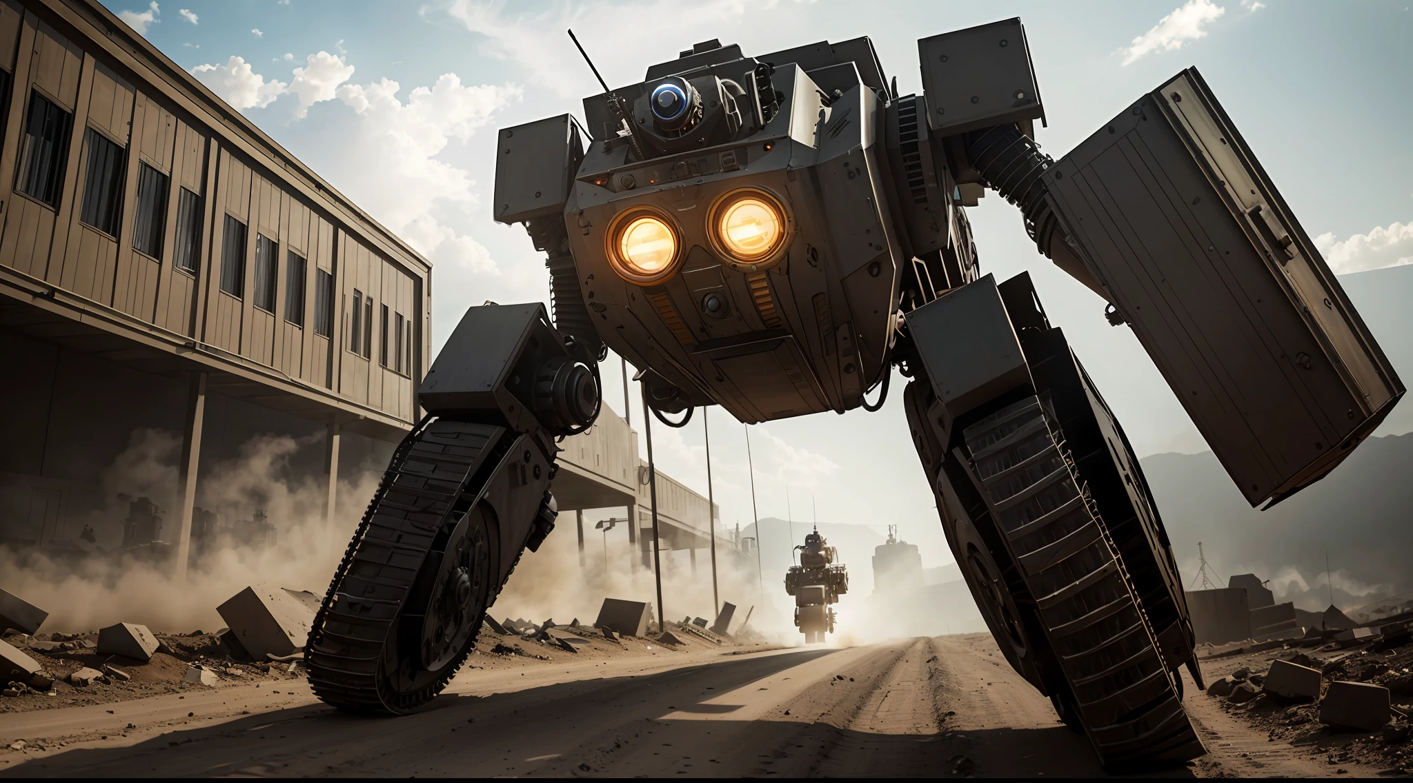 dieselpunk robot environmental wide angle shot, action shot, full body, vibrant, photorealistic, realistic, dramatic, dark, sharp focus, 8k