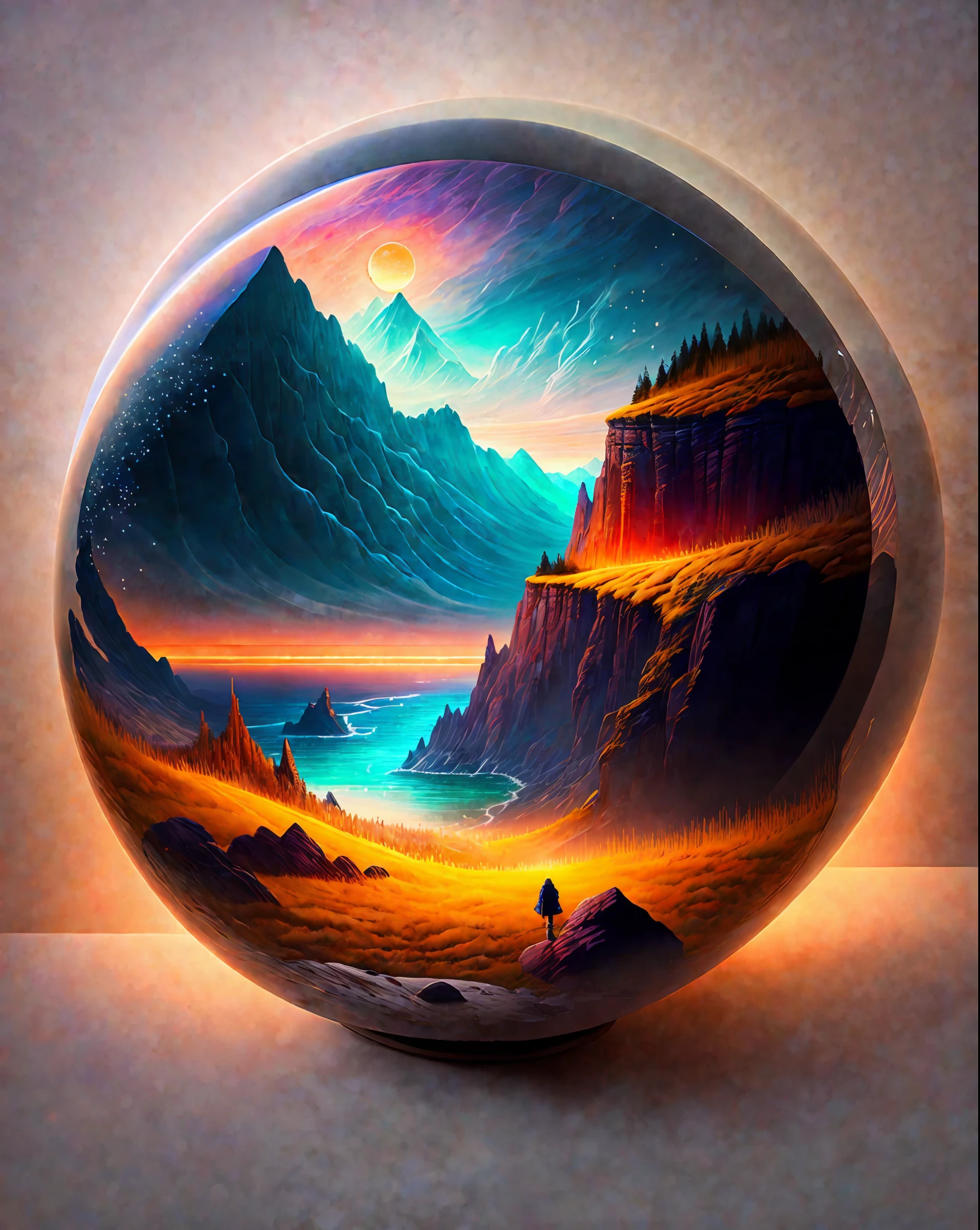 Craft a mesmerizing scene that deeply connects with the viewer, evoking a range of emotions and leaving an indelible impact without relying on words. Use a vibrant and contrasting color palette to intensify the visual impact. Depict a solitary figure standing at the edge of a breathtaking cliff, overlooking a vast and awe-inspiring landscape. Let the figure's posture and facial expression convey a mixture of awe, contemplation, and a hint of melancholy. Surround the scene with elements of nature, such as swirling clouds, distant mountains, or a cascading waterfall, to enhance the immersive experience. Infuse the atmosphere with a touch of magic or mystery, perhaps through subtle glowing orbs or ethereal light. Allow the composition and details of the scene to captivate the viewer and invite them on an emotional journey that lingers in their thoughts long after they've seen the artwork., intricate, masterpiece, expert, insanely detailed, 4k, composition, centered, intricate, volumetric lighting, beautiful, sharp focus, ultra detailed
