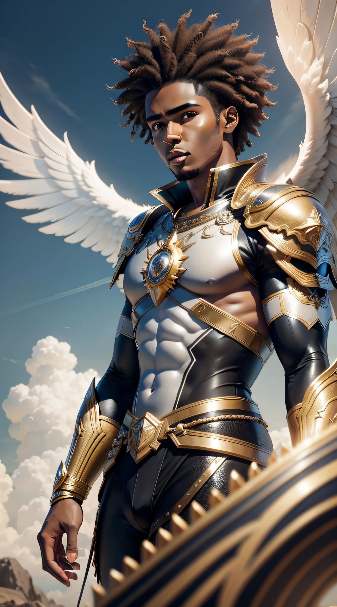 Create a male guardian angel, afro hair, black skin, super detail-oriented, realistic, cinematic style, 8k resolution, best quality, epic, majestic