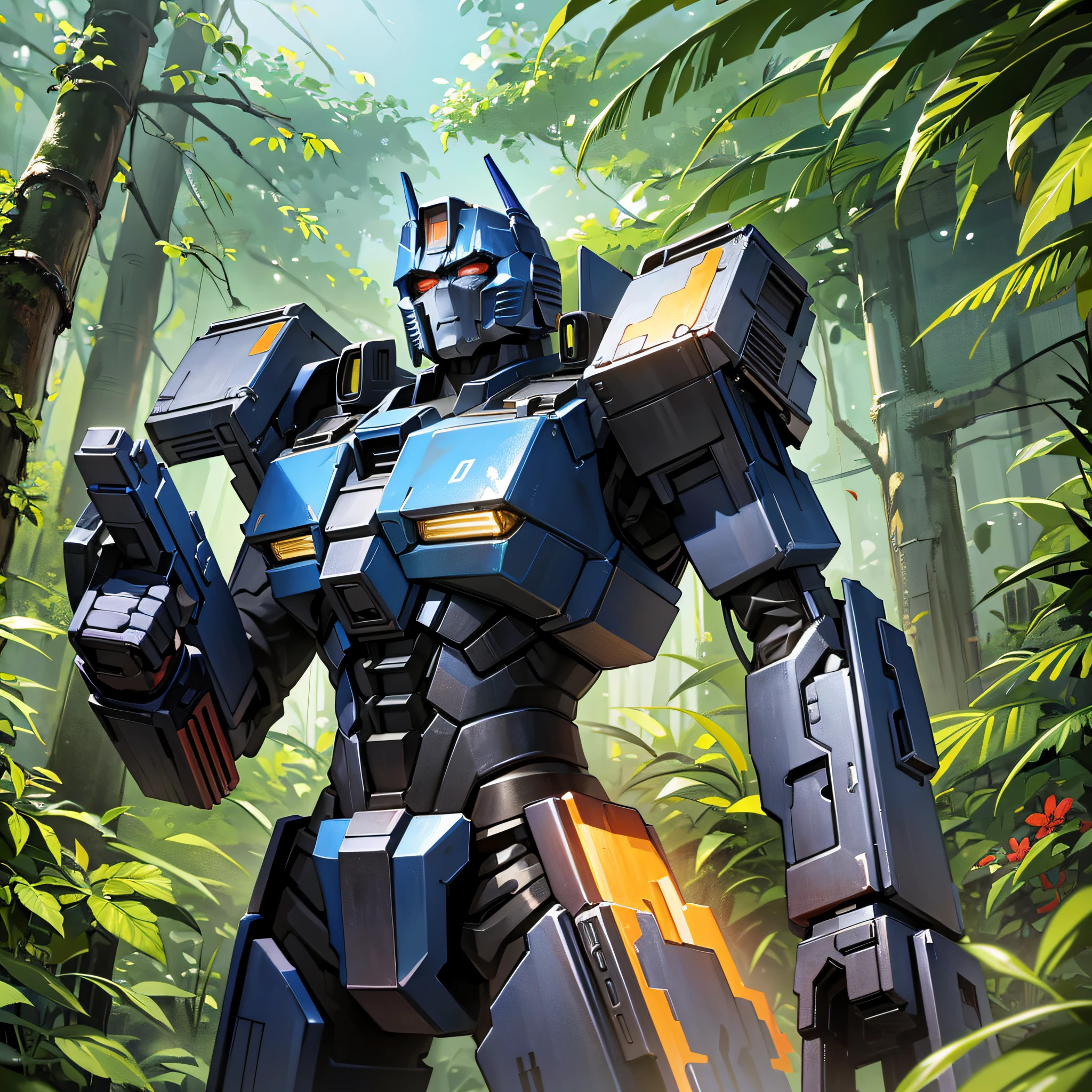 Make a Transformer OPTIMUS PRIME", very well armed, including the weapons: 'Sakin MG38', 'AN94', 'M4A1', in the Amazon Jungle. --auto --s2