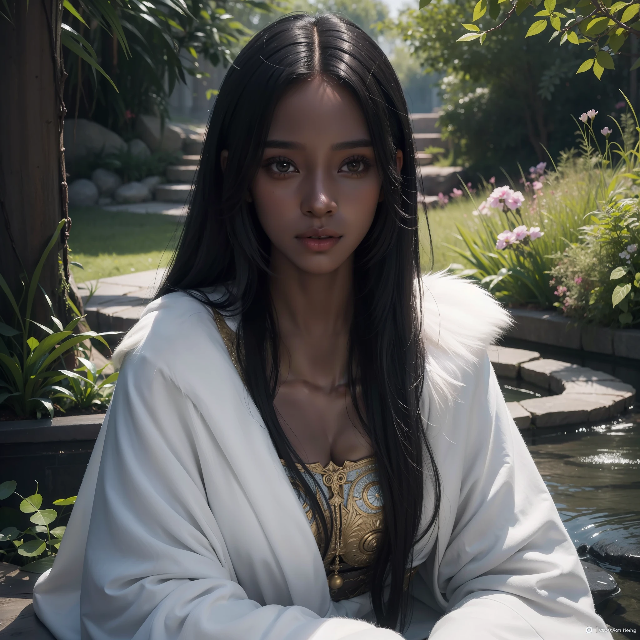 aiyana lewis, pretty only 1girl, long black hair, wizard, dark skinned, white wolf at background, innocent eyes, masterpiece, hd, ultradetailed, realist, impressionalism, hyperrealisic, real, hd, magical