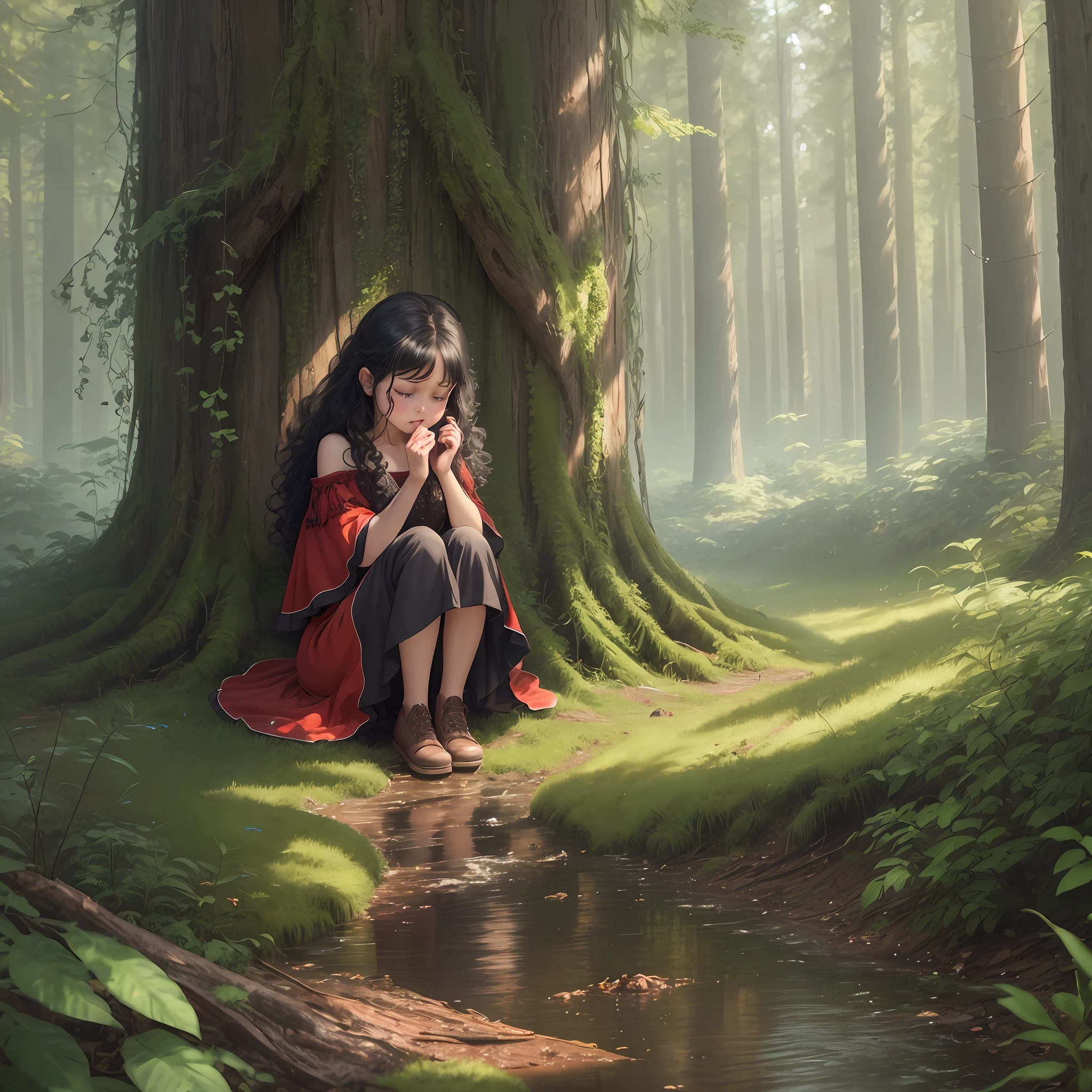 drawing, animation, crying, sad, anna is a , brunette, curly black hair, she is sitting in the forest in a red dress scared crying, crying, crying, scared, sad, afraid, beautiful tall trees, fantasy, shining sun , magic, best quality, glow, 3d, 8k — ar 16:9 --auto --s2