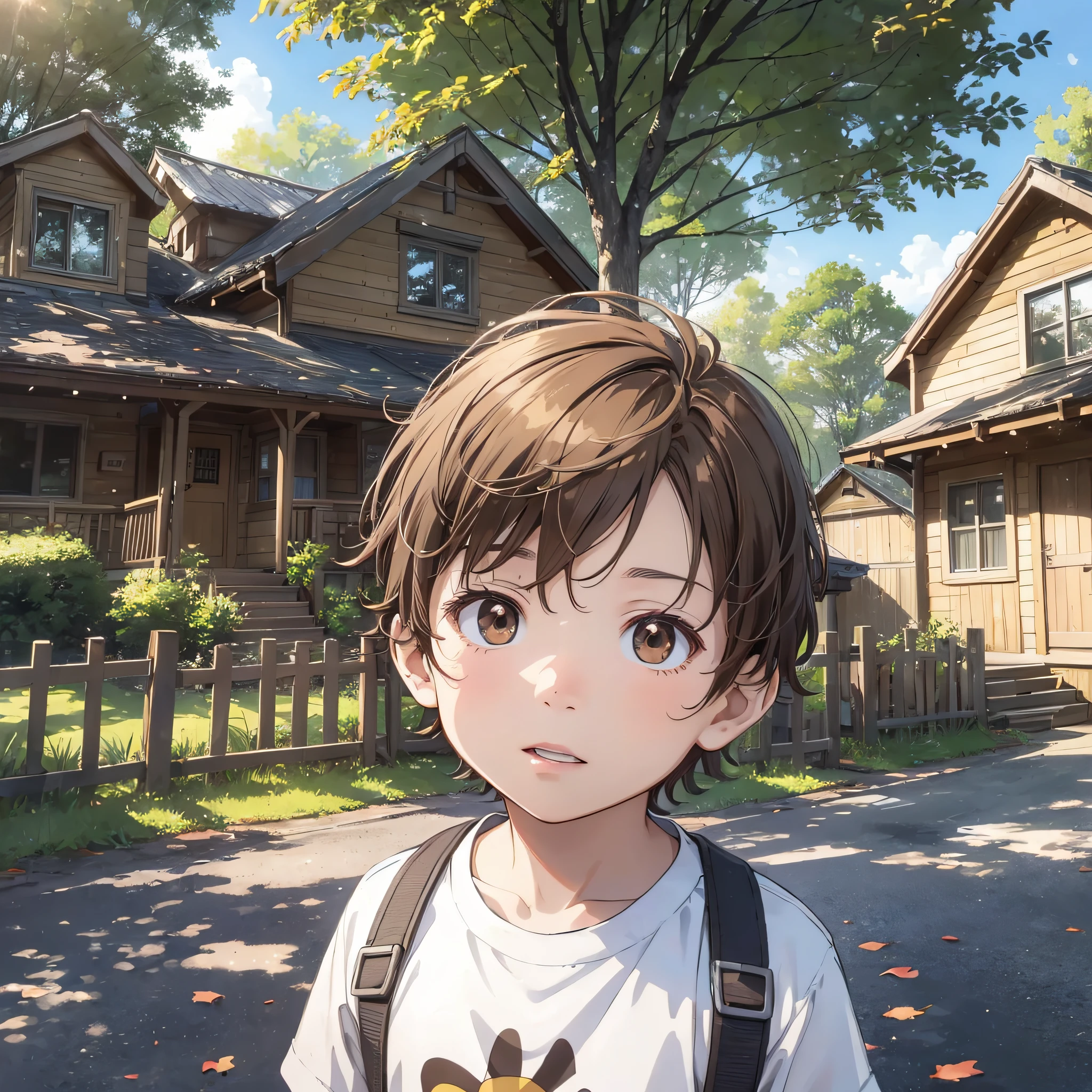 3-year-old boy with short, light brown hair and brown eyes, cartoon style, in front of a house in the woods --auto --s2