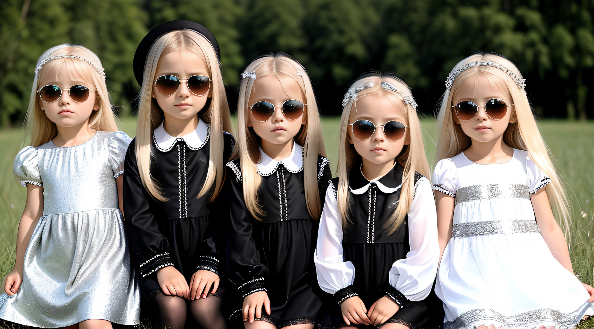3 Russian children girls with 10 years old, WITH LONG STRAIGHT HAIR blonde, PORTRAIT STYLE, are dressed in silver and black with sunglasses,