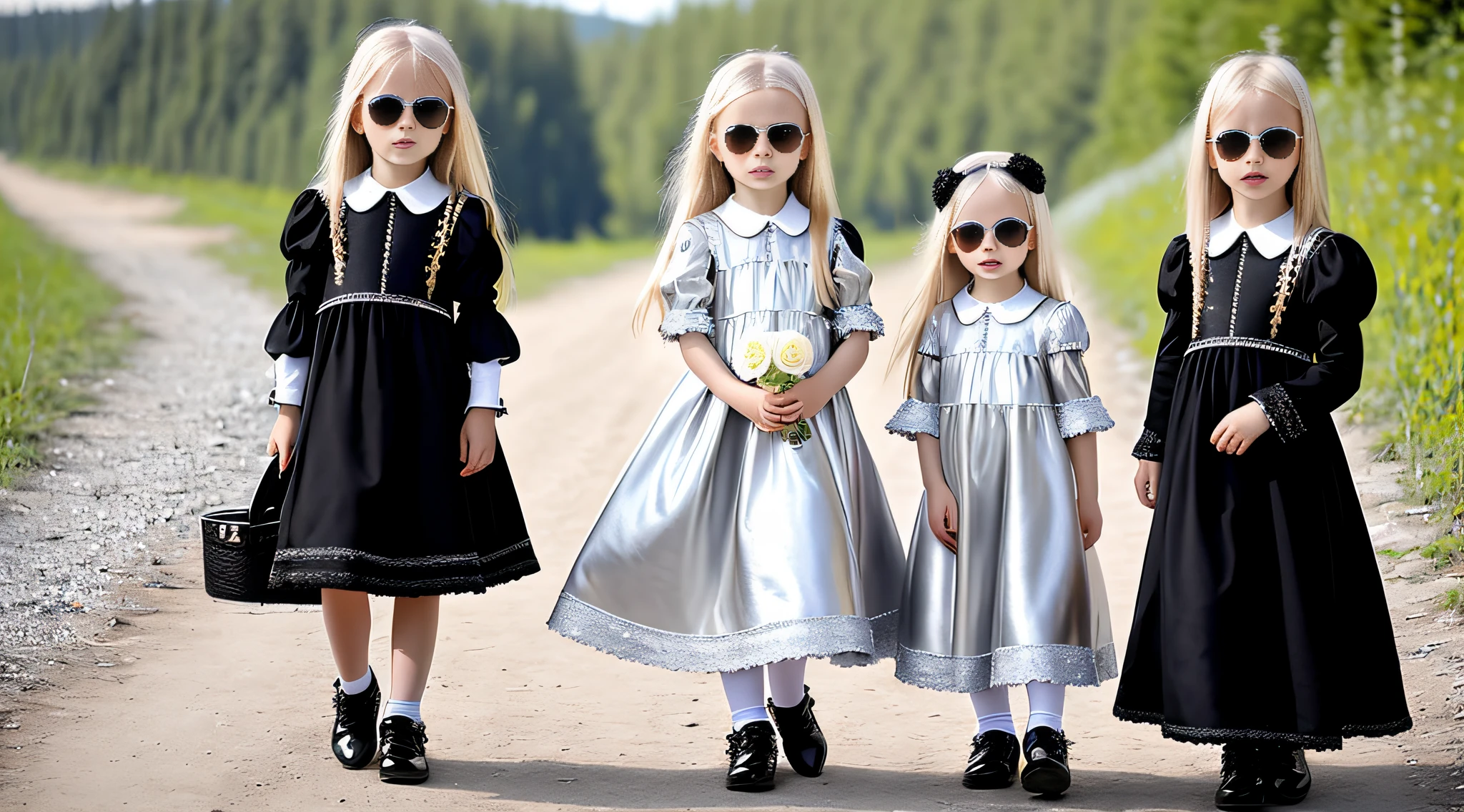 3 Russian girls with 10 yearsONG STRAIGHT HAIR blonde, PORTRAIT STYLE, are dressed in silver and black with sunglasses,