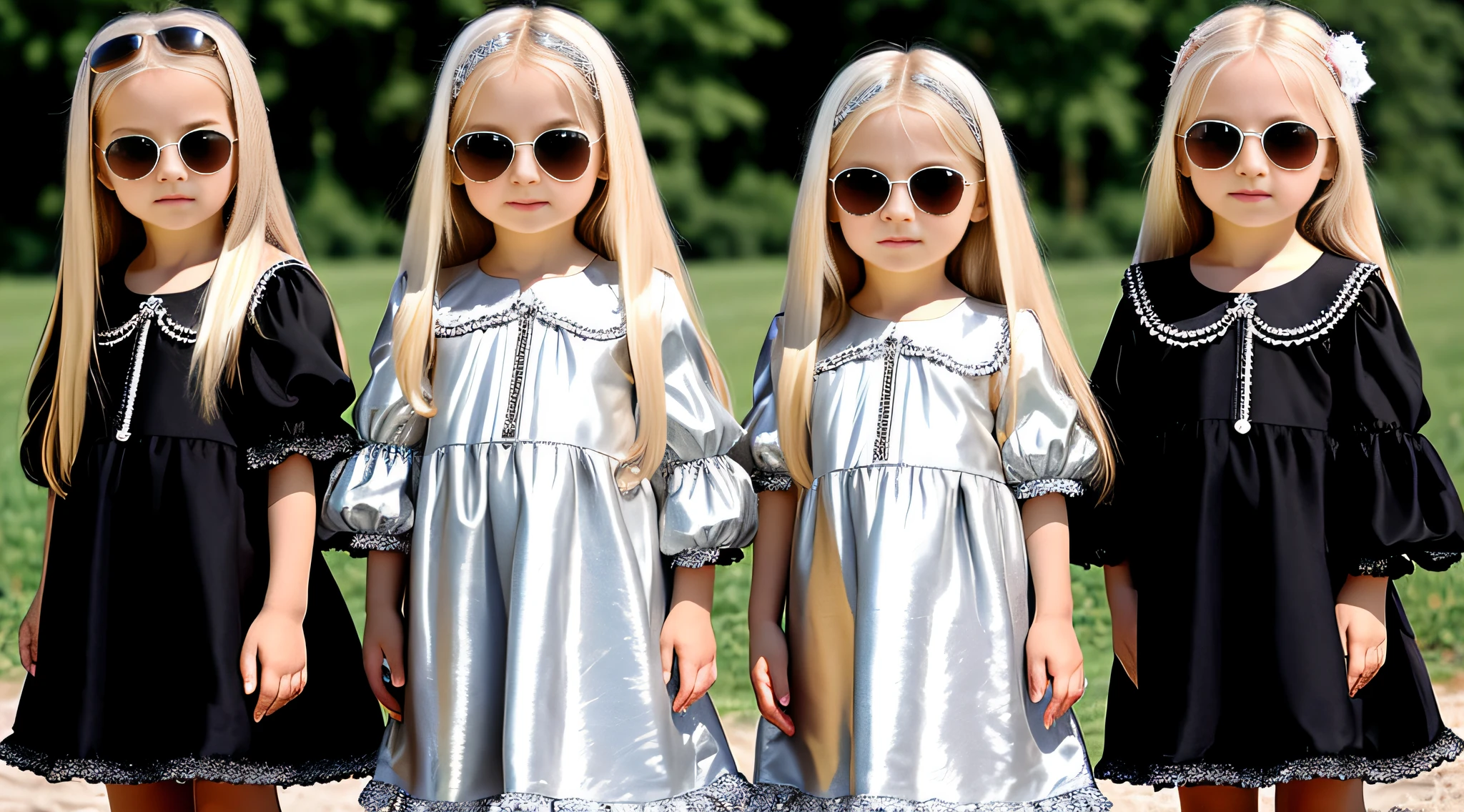 3 Russian girls with 10 yearsONG STRAIGHT HAIR blonde, PORTRAIT STYLE, are dressed in silver and black with sunglasses,
