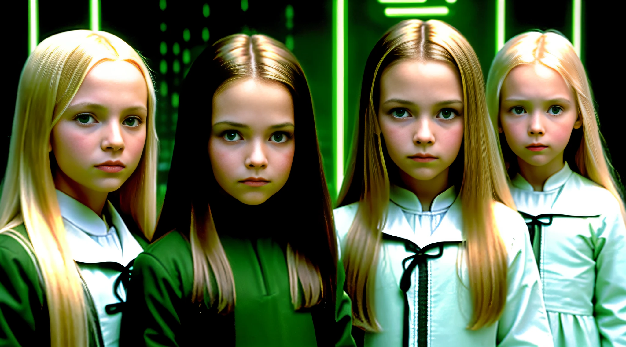 3 girls Russian children with 10 years old, WITH LONG STRAIGHT HAIR BLONDES, PORTRAIT STYLE, A CLOSEUP OF A GREEN SCREEN WITH A PERSON INSIDE, STRANDS OF THE MATRIX MOVIE, MATRIX MOVIE COLOR GRADING, GREEN MATRIX CODE, WELCOME TO THE MATRIX, MATRIX CODE, GREEN MATRIX LIGHT, MATRIX FILM COLOR, STILL FROM THE MATRIX