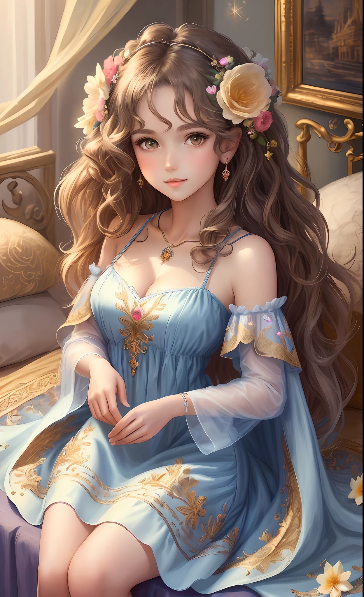 (masterpiece:1.4), (best quality:1.4), illustration, anime drawing style, 1girl, solo, ((beautiful wavy hair)), flowers and sparkles, stunning hair, bright stunning eyes, collarbone, perfect bodyshape, slim body, shiny skin, detailed face, natural make up, parted lips, upper teeth, cleavage, small breasts, (cute embroidered dress), long nails, beautiful accessories, jewerly, looking at viewer, professional light, glowing
