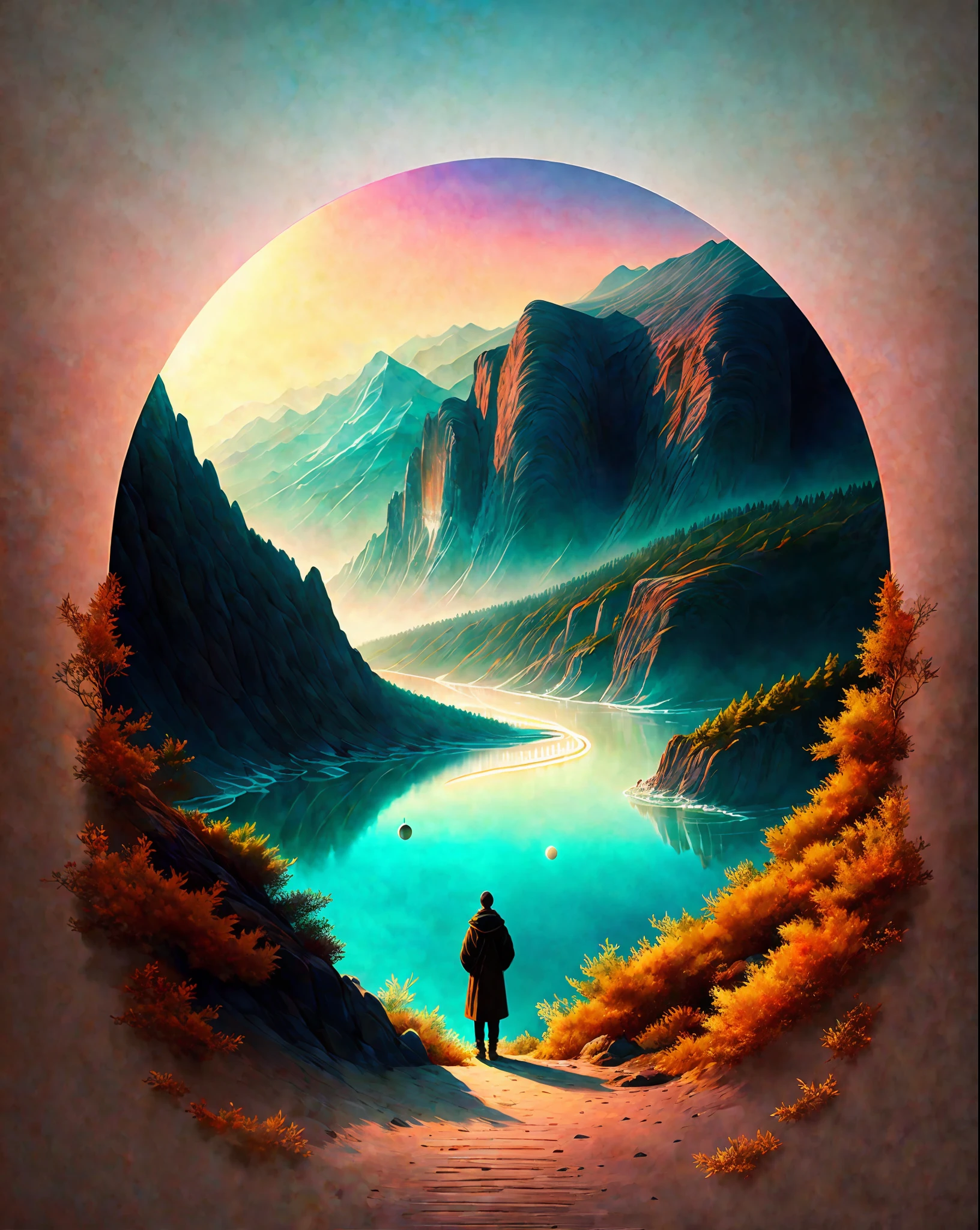 Craft a mesmerizing scene that deeply connects with the viewer, evoking a range of emotions and leaving an indelible impact without relying on words. Use a vibrant and contrasting color palette to intensify the visual impact. Depict a solitary figure standing at the edge of a breathtaking cliff, overlooking a vast and awe-inspiring landscape. Let the figure's posture and facial expression convey a mixture of awe, contemplation, and a hint of melancholy. Surround the scene with elements of nature, such as swirling clouds, distant mountains, or a cascading waterfall, to enhance the immersive experience. Infuse the atmosphere with a touch of magic or mystery, perhaps through subtle glowing orbs or ethereal light. Allow the composition and details of the scene to captivate the viewer and invite them on an emotional journey that lingers in their thoughts long after they've seen the artwork., intricate, masterpiece, expert, insanely detailed, 4k, composition, centered, intricate, volumetric lighting, beautiful, sharp focus, ultra detailed