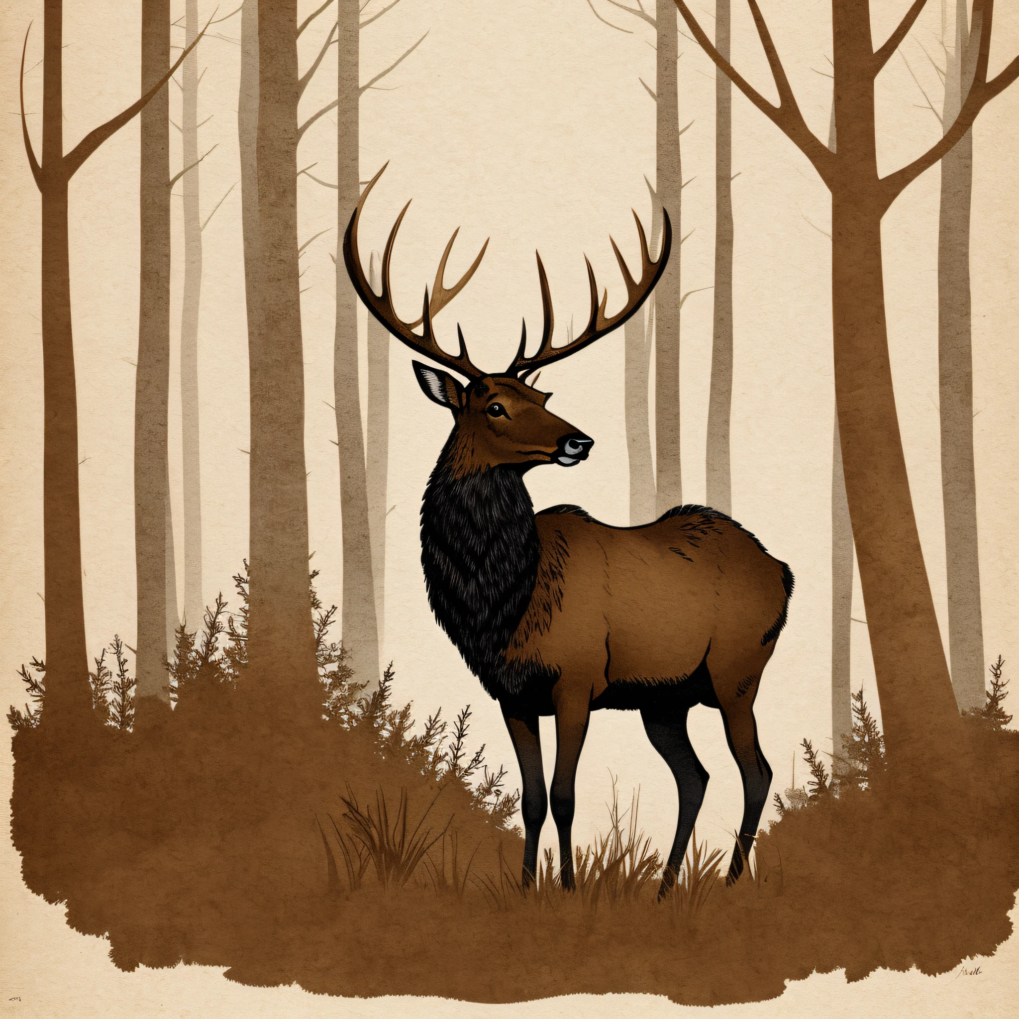 brown elk in a forest meadow minimal ink doodle art --auto --s2