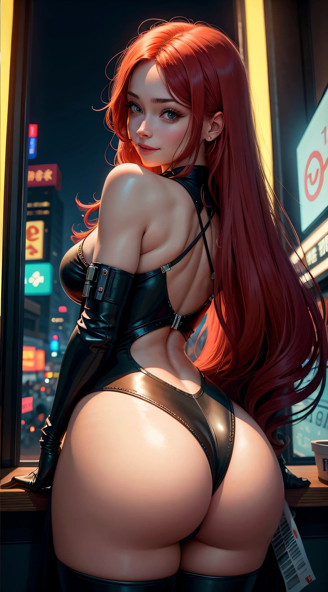 cheerful face, original long red hair, long eyelashes, beautiful eyes with brightness, surrealism, shadow, stereogram, (photorealistic, realistic: 1.2), POV, atmospheric perspective, cinematic lighting, ray tracing, 8k, super detail, best quality, masterpiece, well detailed, (Canan EOS R6, 135mm, 1/1250s, f/2.8, ISO 400:0.9), cyberpunk, neon, neon signs, ramen shops, night, neckline, back, string, regatta, bubble ass, round little ass, bend over